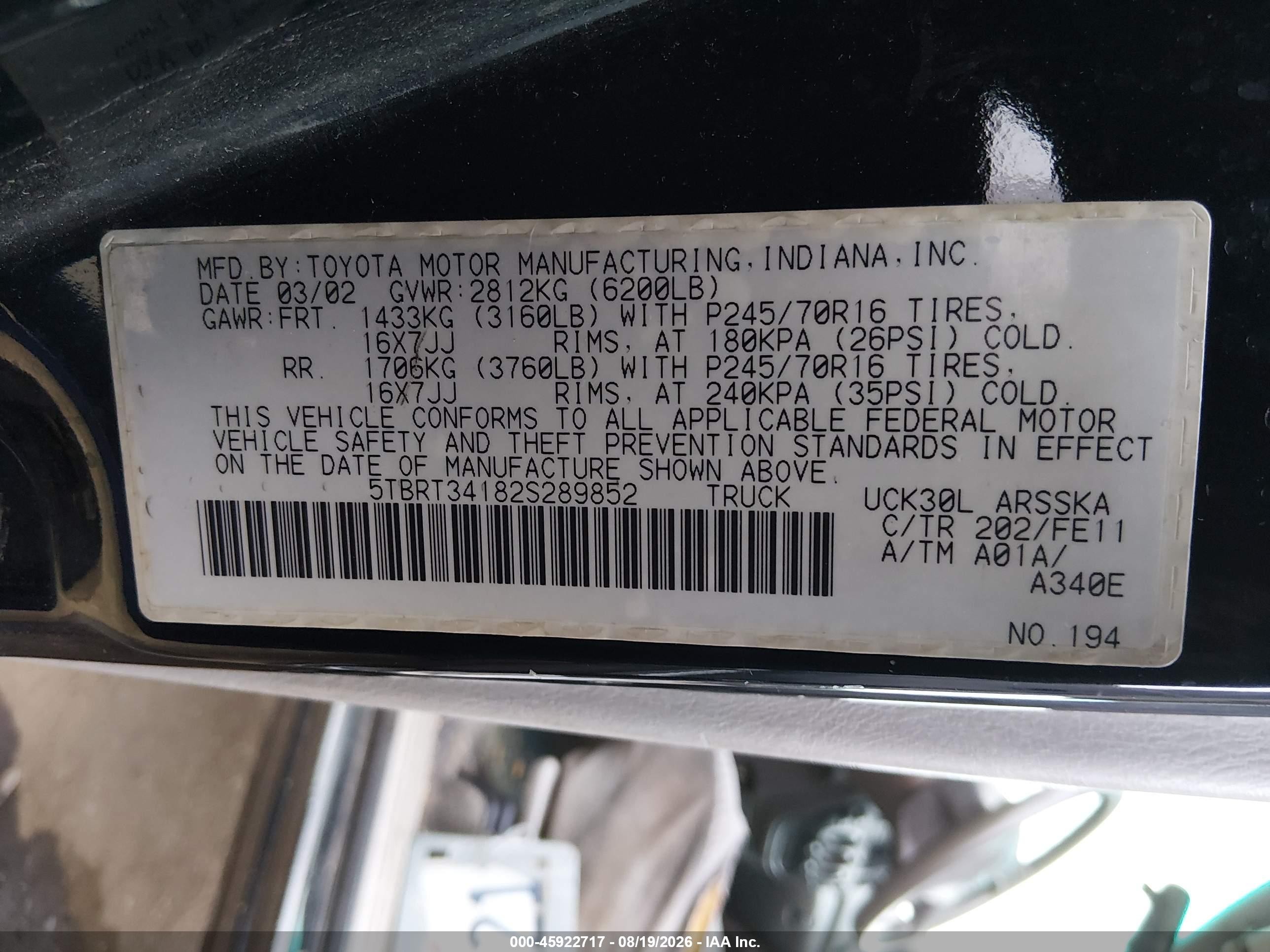 2002 Toyota Tundra Sr5 V8 Black vin: 5TBRT34182S289852