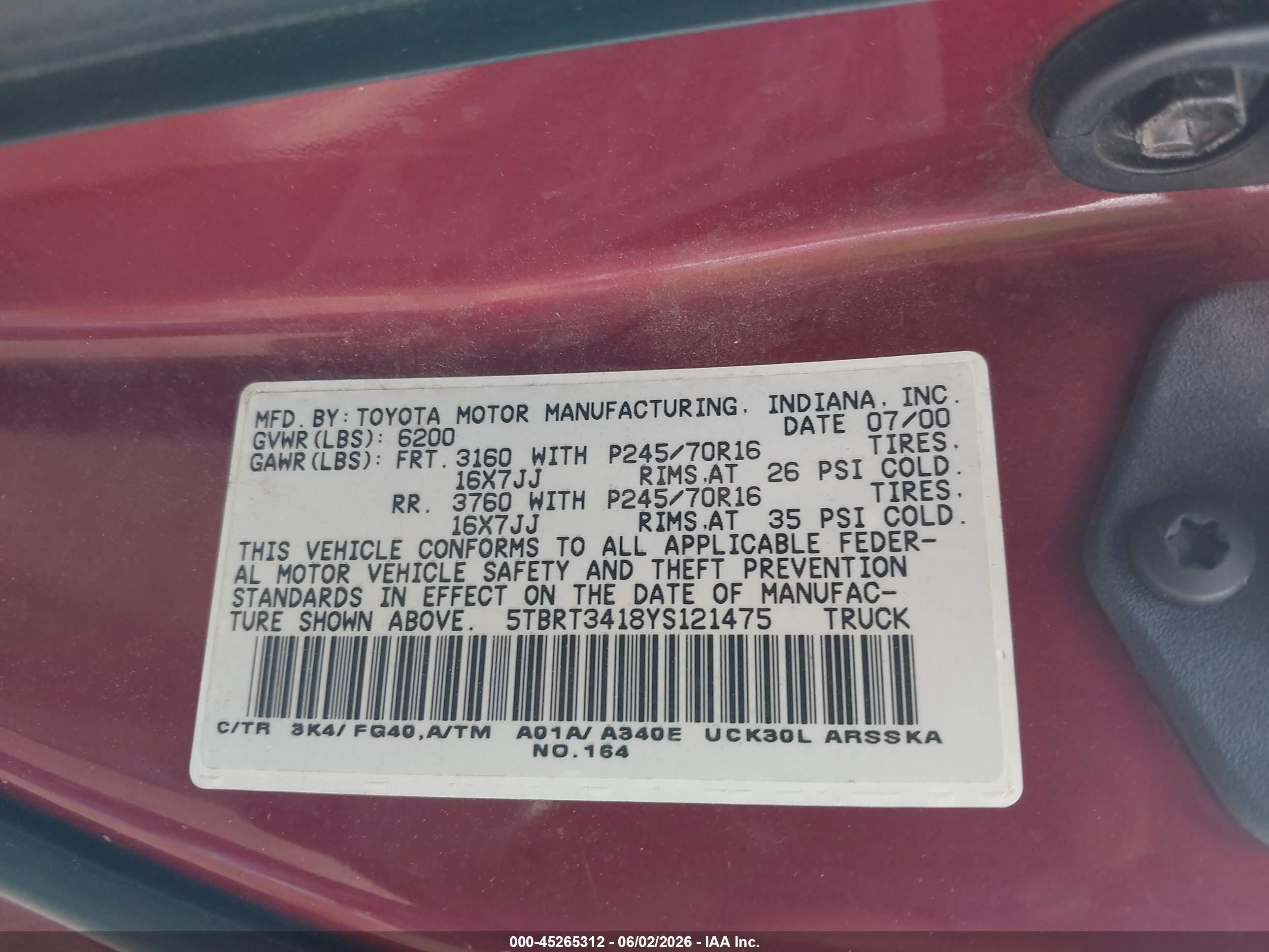 2000 Toyota Tundra Sr5 V8 Burgundy vin: 5TBRT3418YS121475