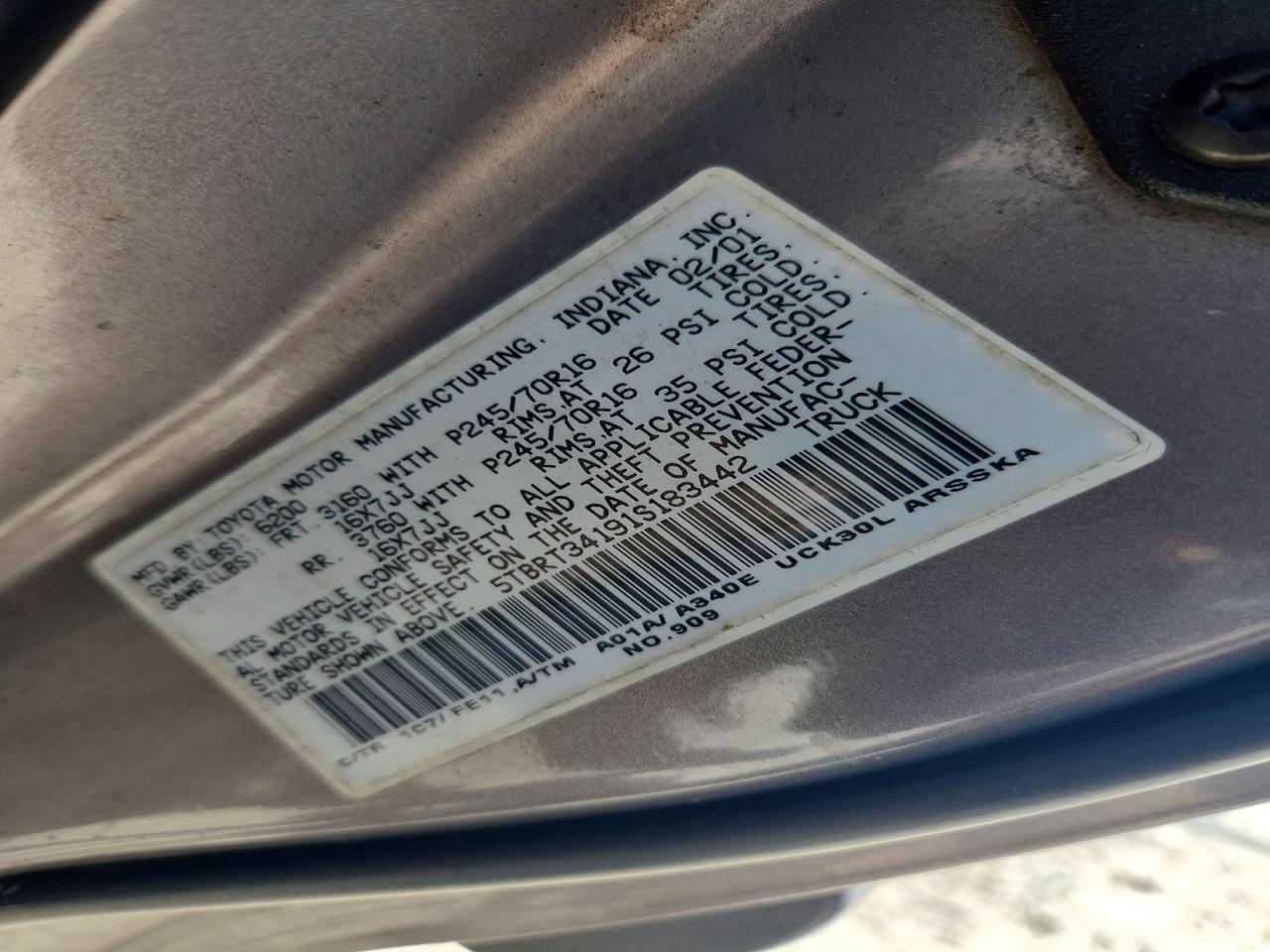 2001 Toyota Tundra Sr5 Серый vin: 5TBRT34191S183442