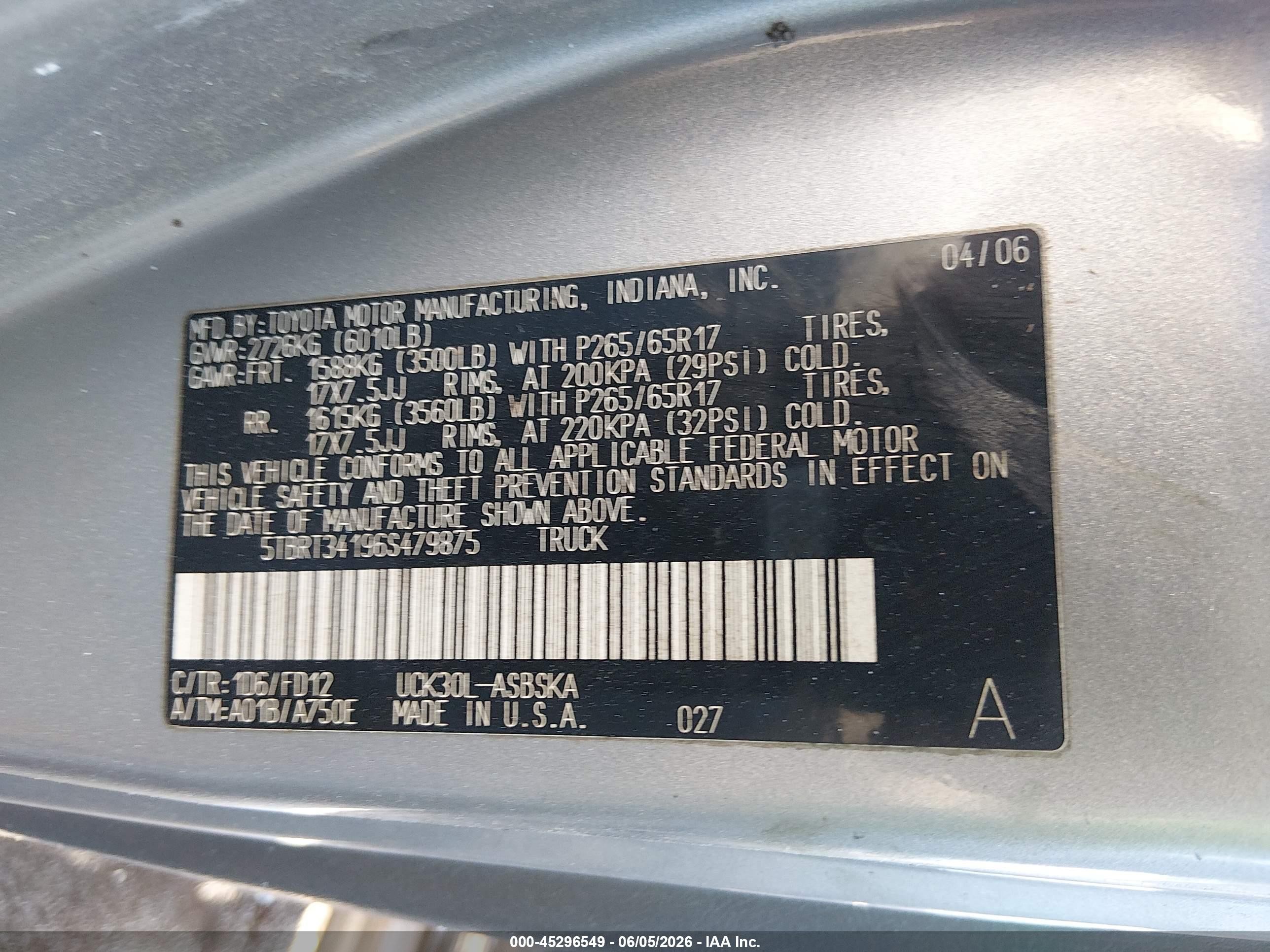 2006 Toyota Tundra Sr5 V8 Gray vin: 5TBRT34196S479875