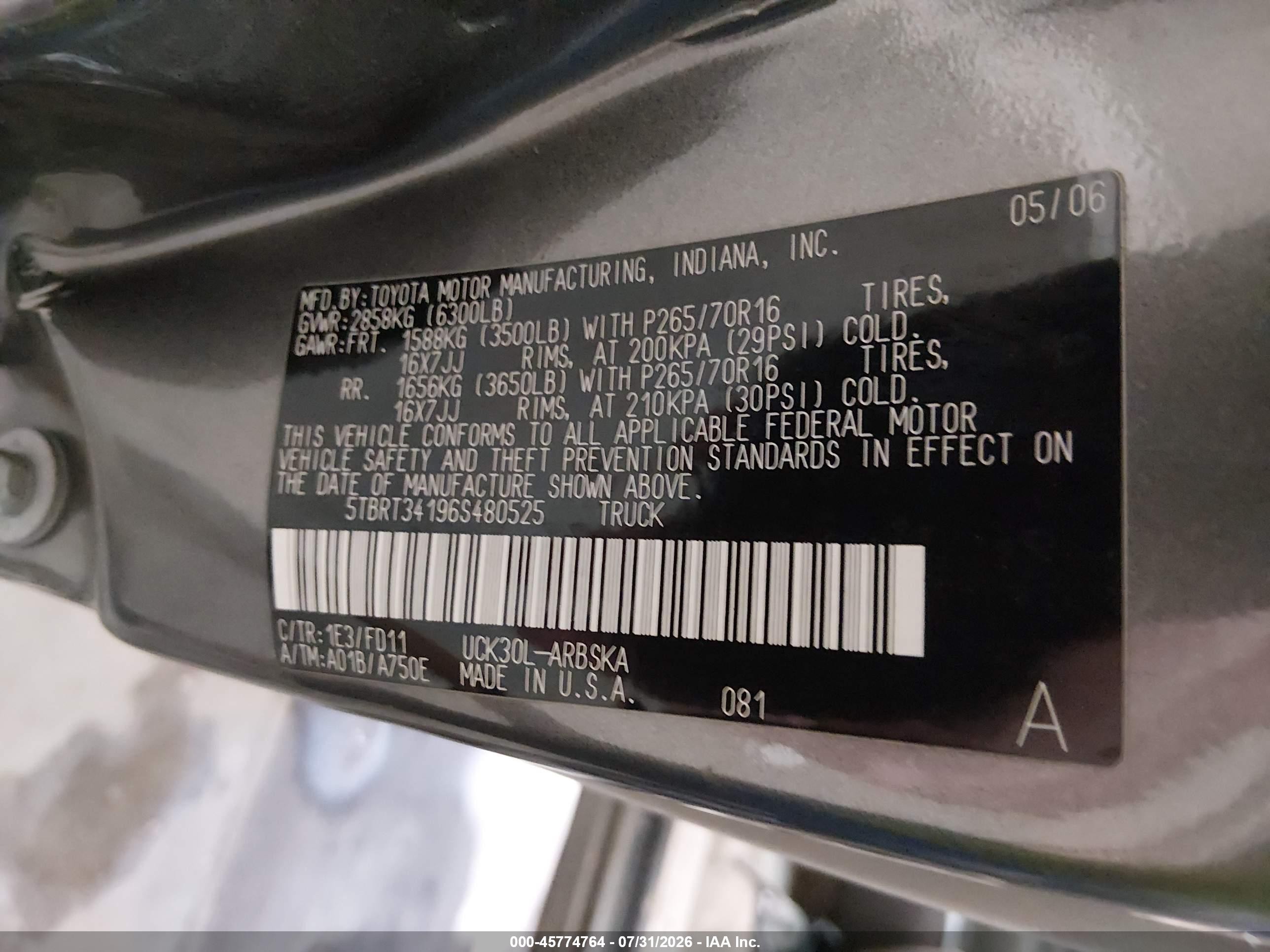 2006 Toyota Tundra Sr5 V8 Gray vin: 5TBRT34196S480525