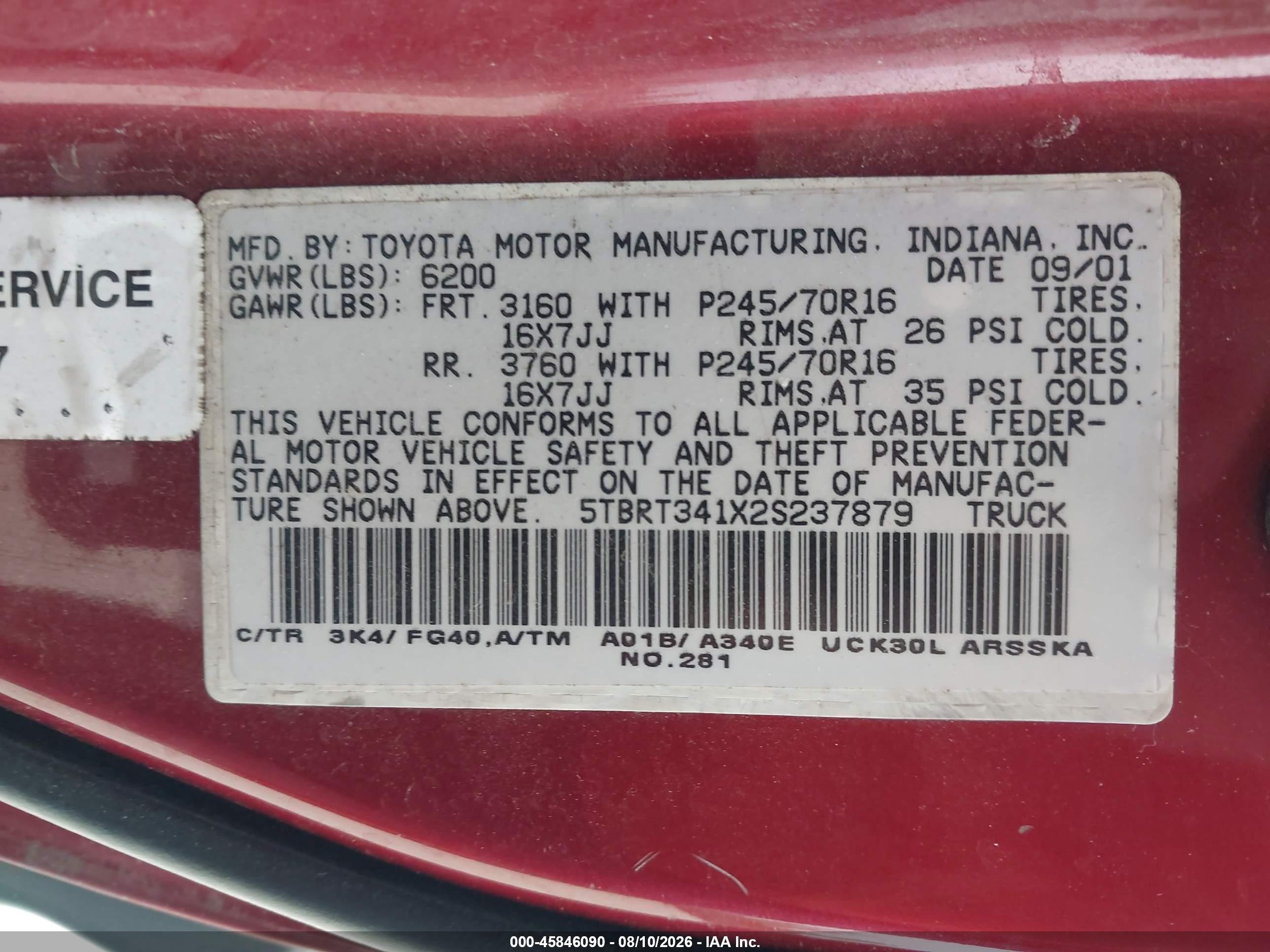 2002 Toyota Tundra Sr5 V8 Бордовый vin: 5TBRT341X2S237879