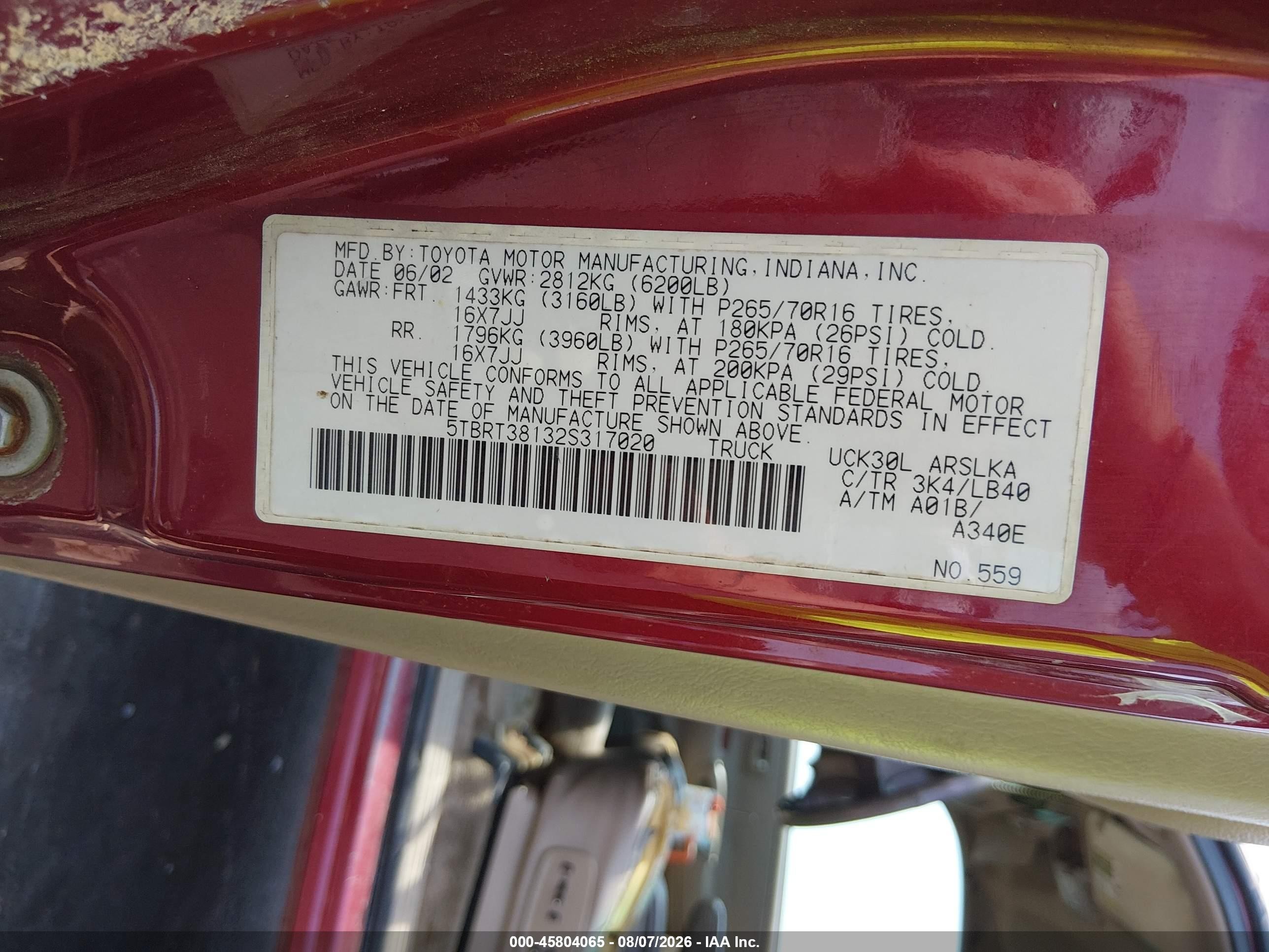 2002 Toyota Tundra Ltd V8 Red vin: 5TBRT38132S317020