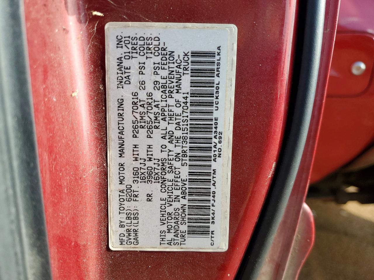 2001 Toyota Tundra Access Cab Limited Темно-бордовый vin: 5TBRT38151S170441