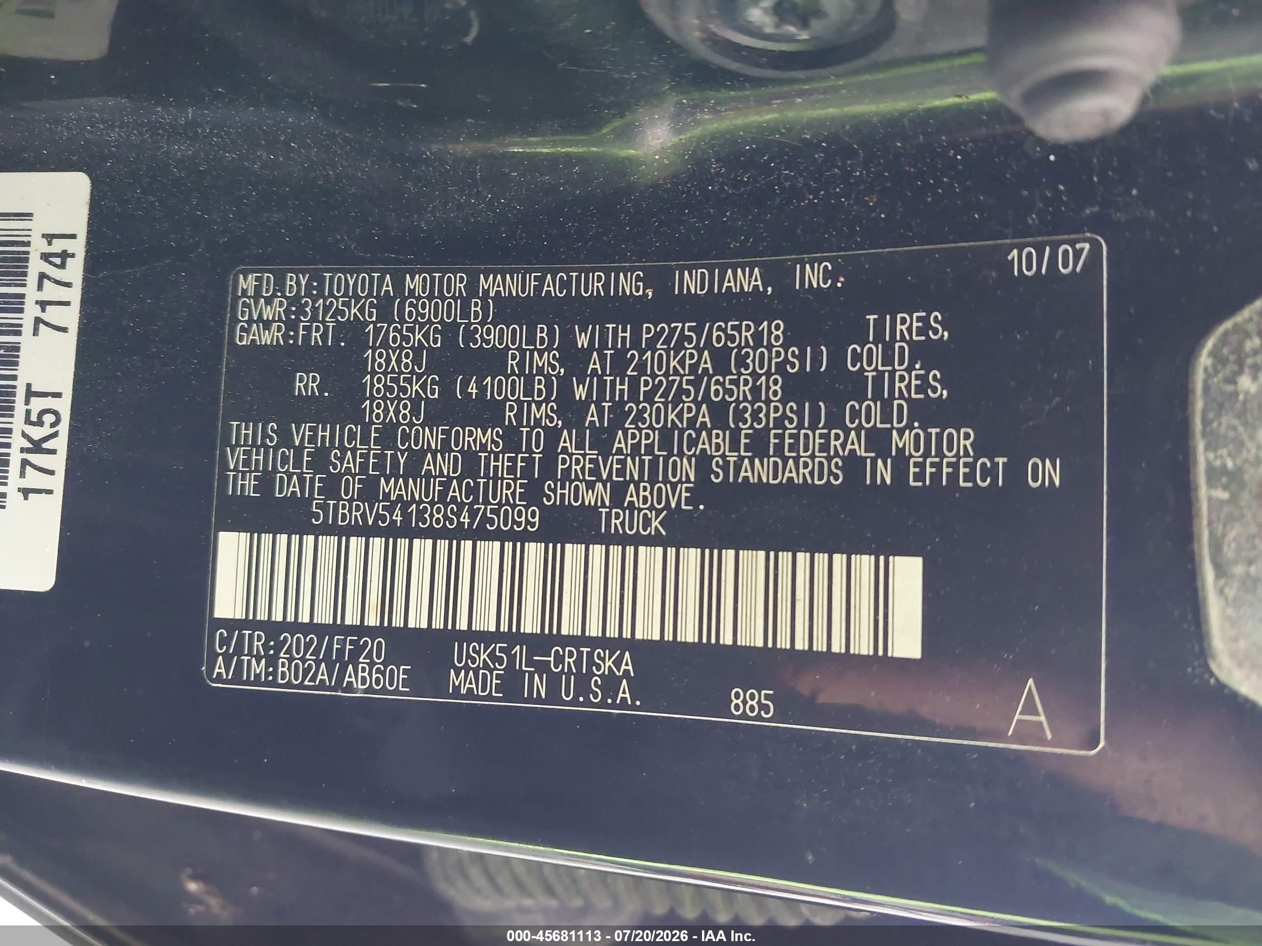 2008 Toyota Tundra Sr5 5.7l V8 Black vin: 5TBRV54138S475099