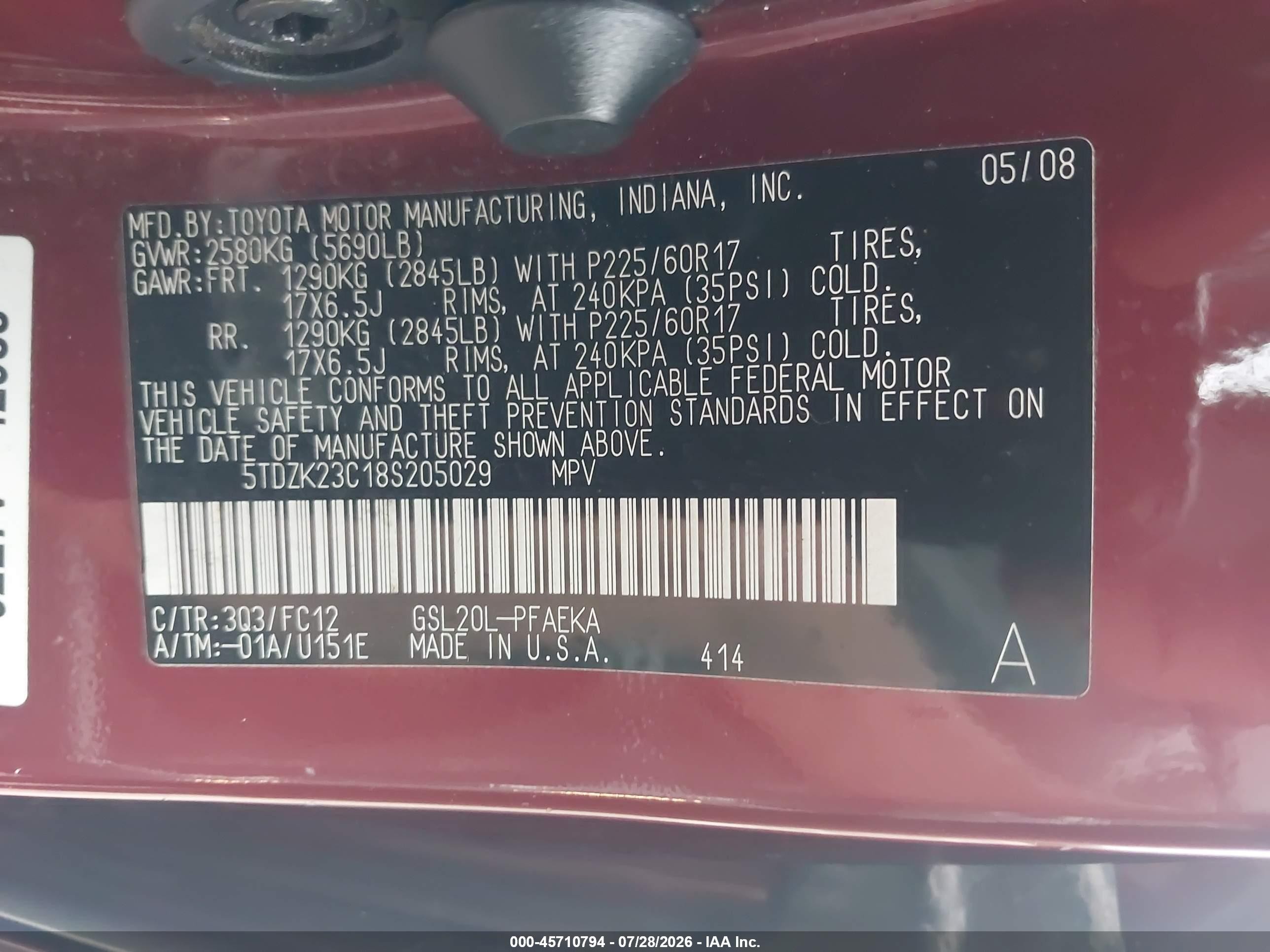 2008 Toyota Sienna Ce/le Red vin: 5TD2K23C185205029