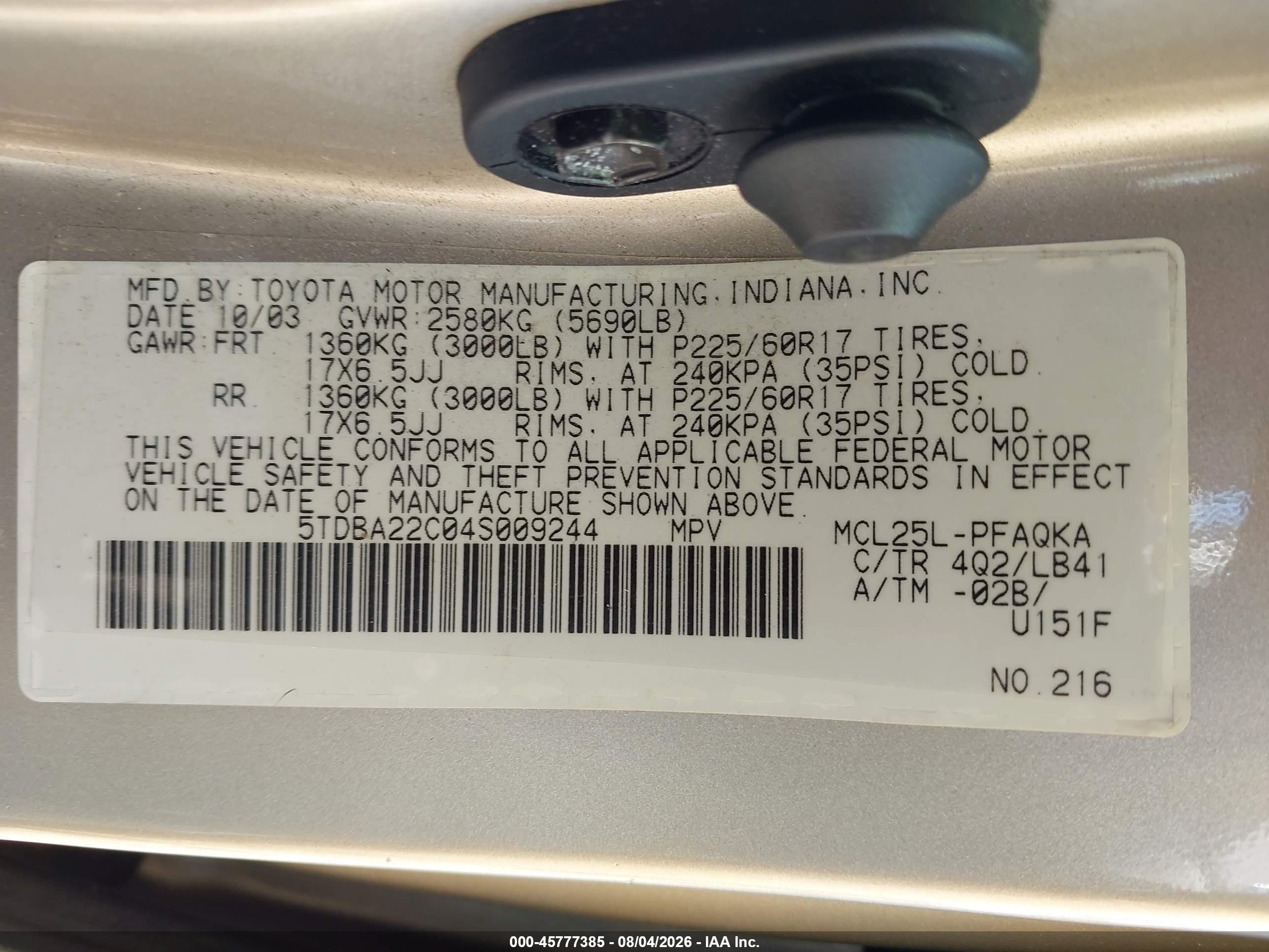 2004 Toyota Sienna Xle Limited Gold vin: 5TDBA22C04S009244