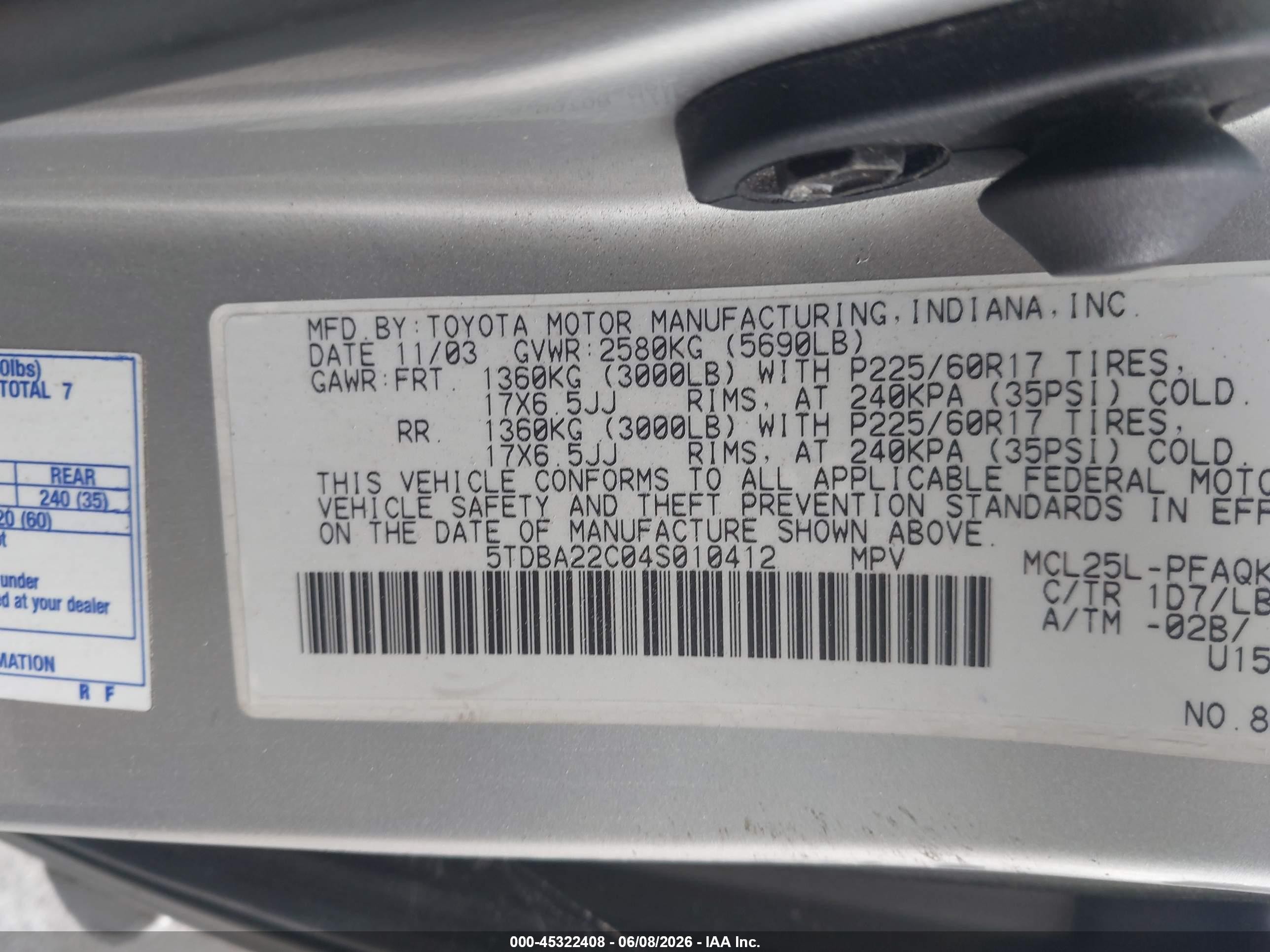 2004 Toyota Sienna Xle Limited Silver vin: 5TDBA22C04S010412