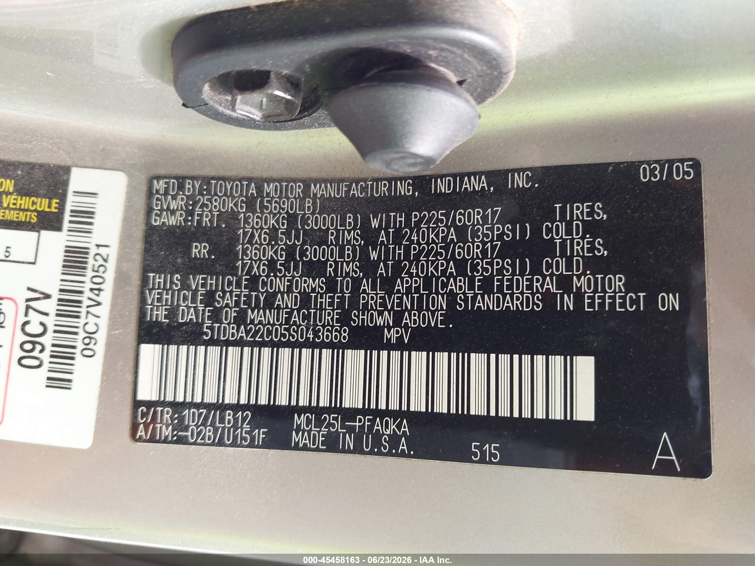 2005 Toyota Sienna Xle Limited Gold vin: 5TDBA22C05S043668