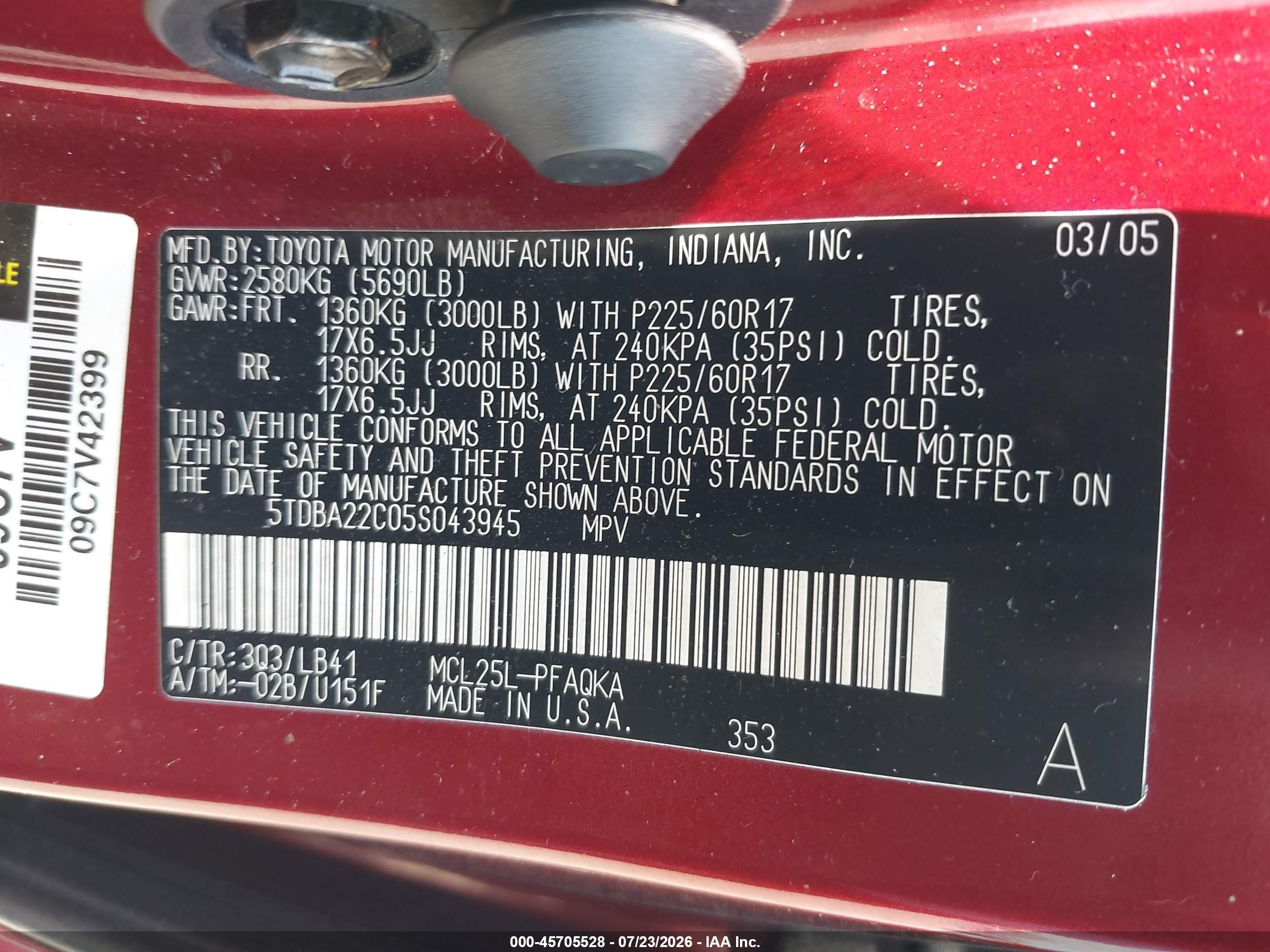 2005 Toyota Sienna Xle Red vin: 5TDBA22C05S043945