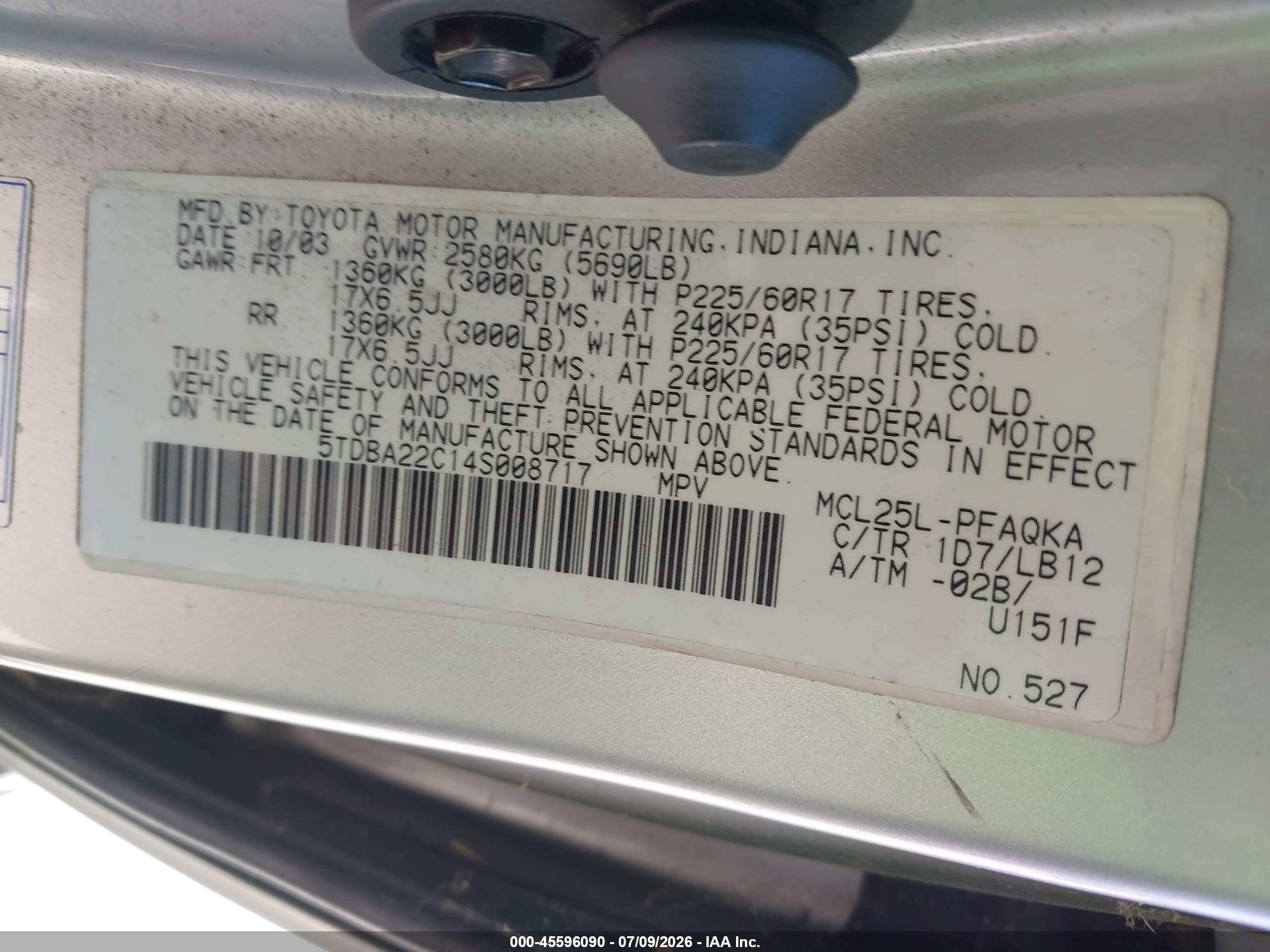 2004 Toyota Sienna Xle Silver vin: 5TDBA22C14S008717