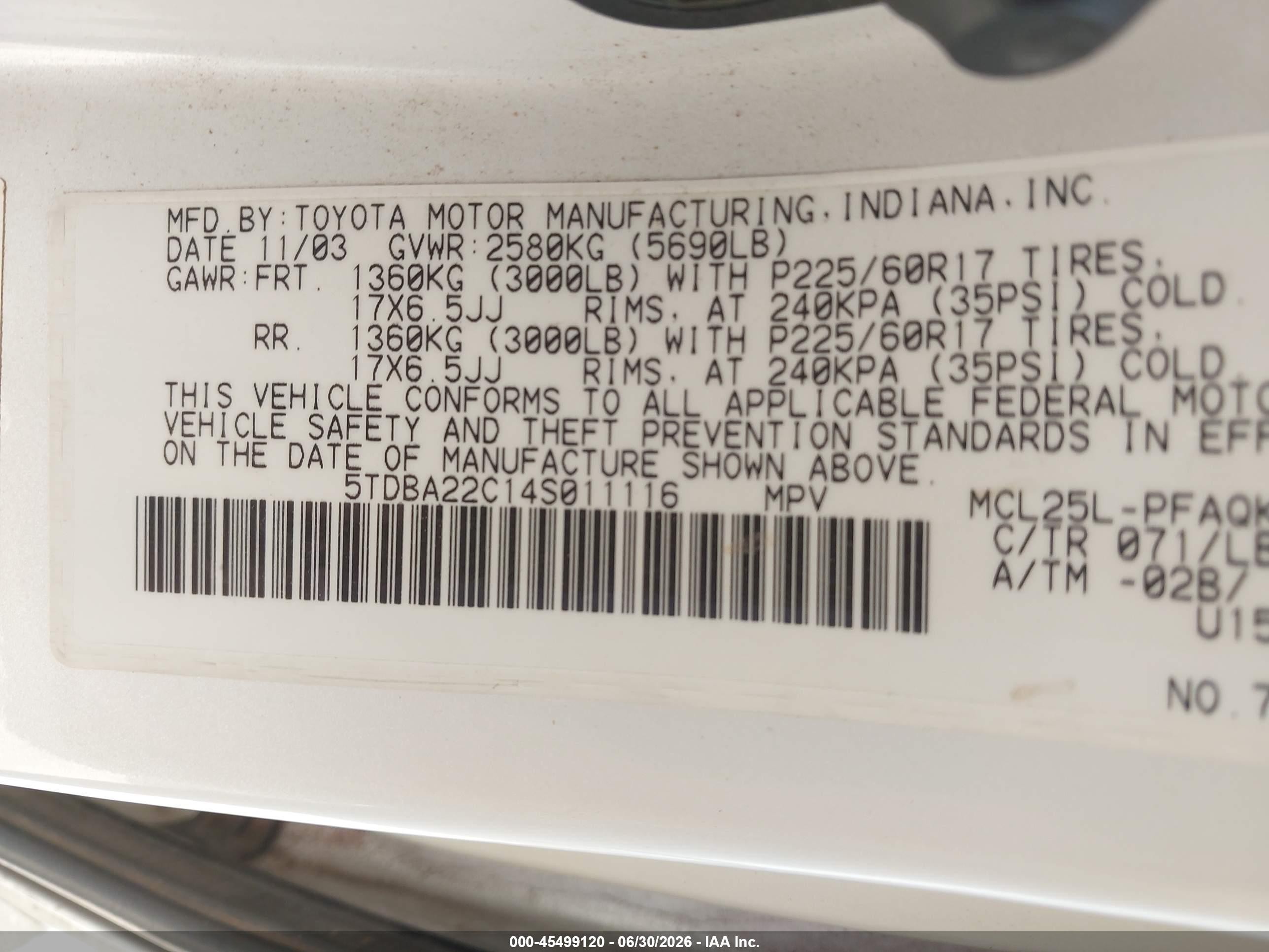 2004 Toyota Sienna Xle Limited White vin: 5TDBA22C14S011116