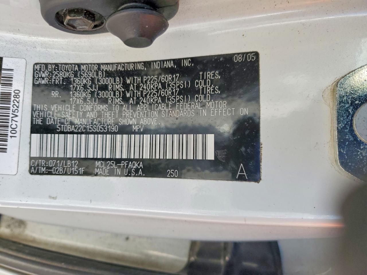 2005 Toyota Sienna Белый vin: 5TDBA22C15S053190