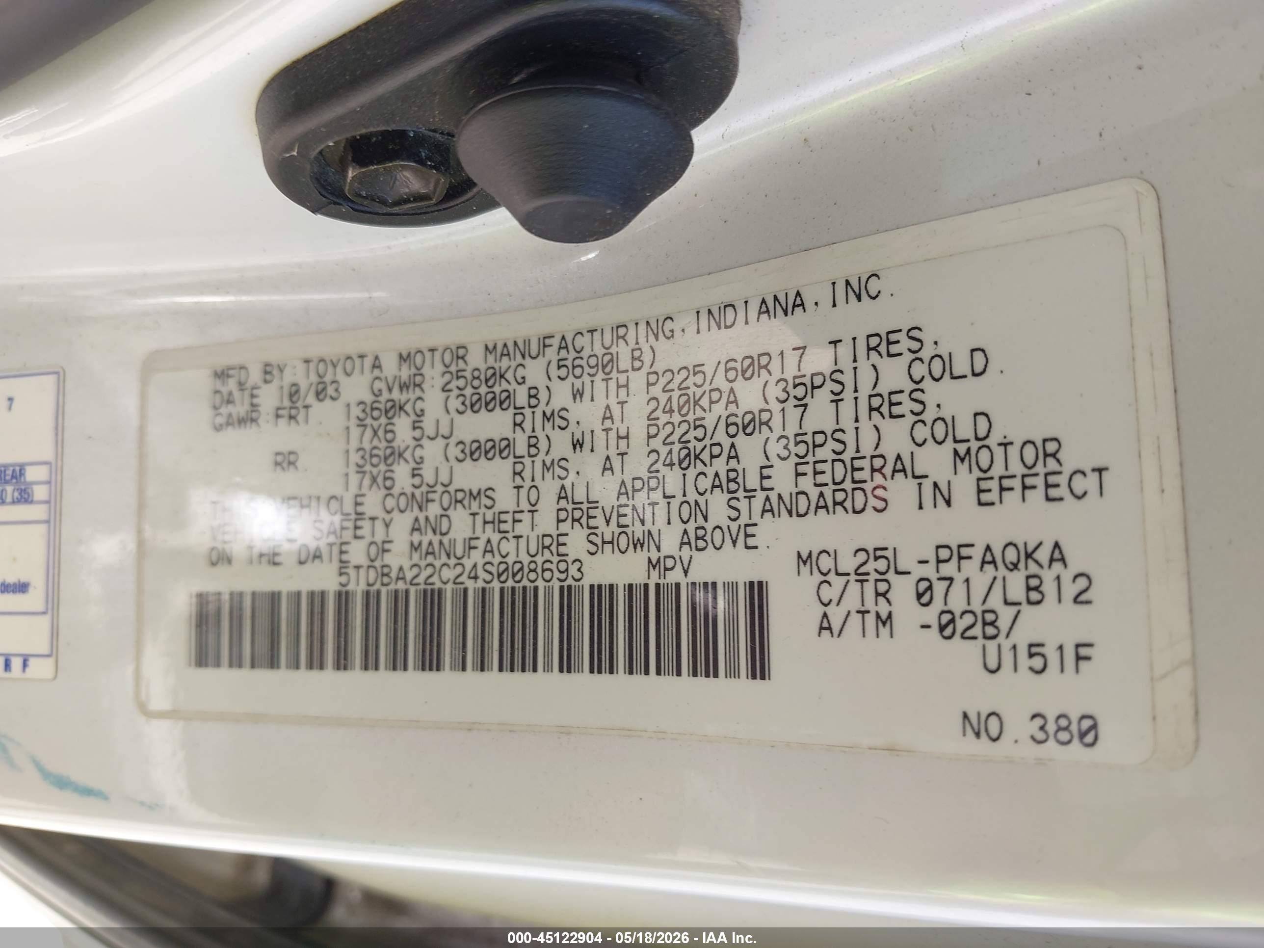 2004 Toyota Sienna Xle Limited White vin: 5TDBA22C24S008693