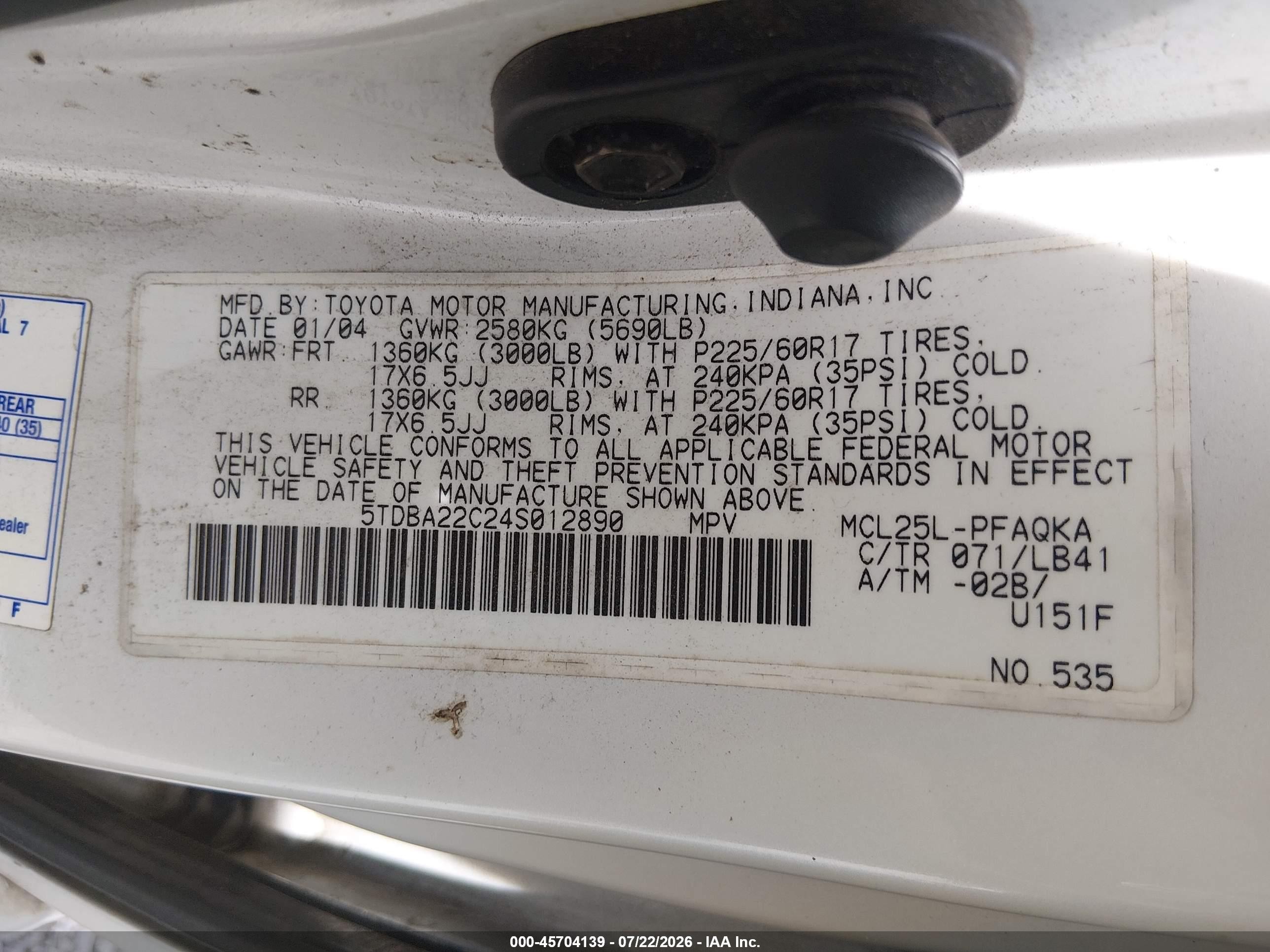 2004 Toyota Sienna Xle Limited White vin: 5TDBA22C24S012890