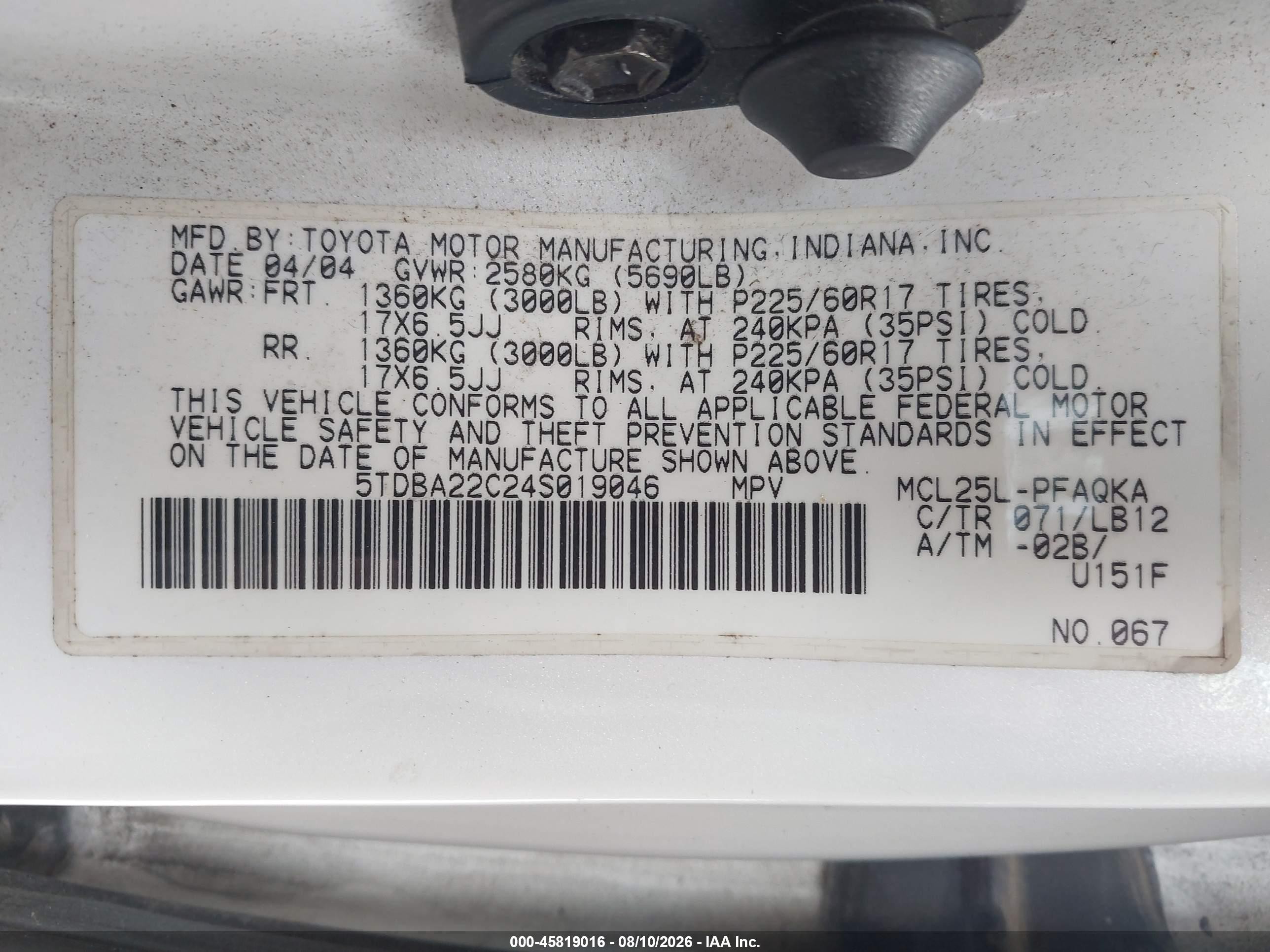 2004 Toyota Sienna Xle/xle Limited White vin: 5TDBA22C24S019046