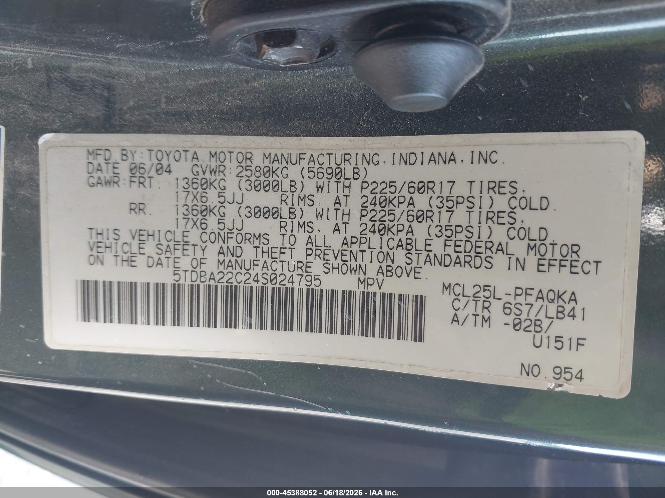 2004 Toyota Sienna Xle Green vin: 5TDBA22C24S024795