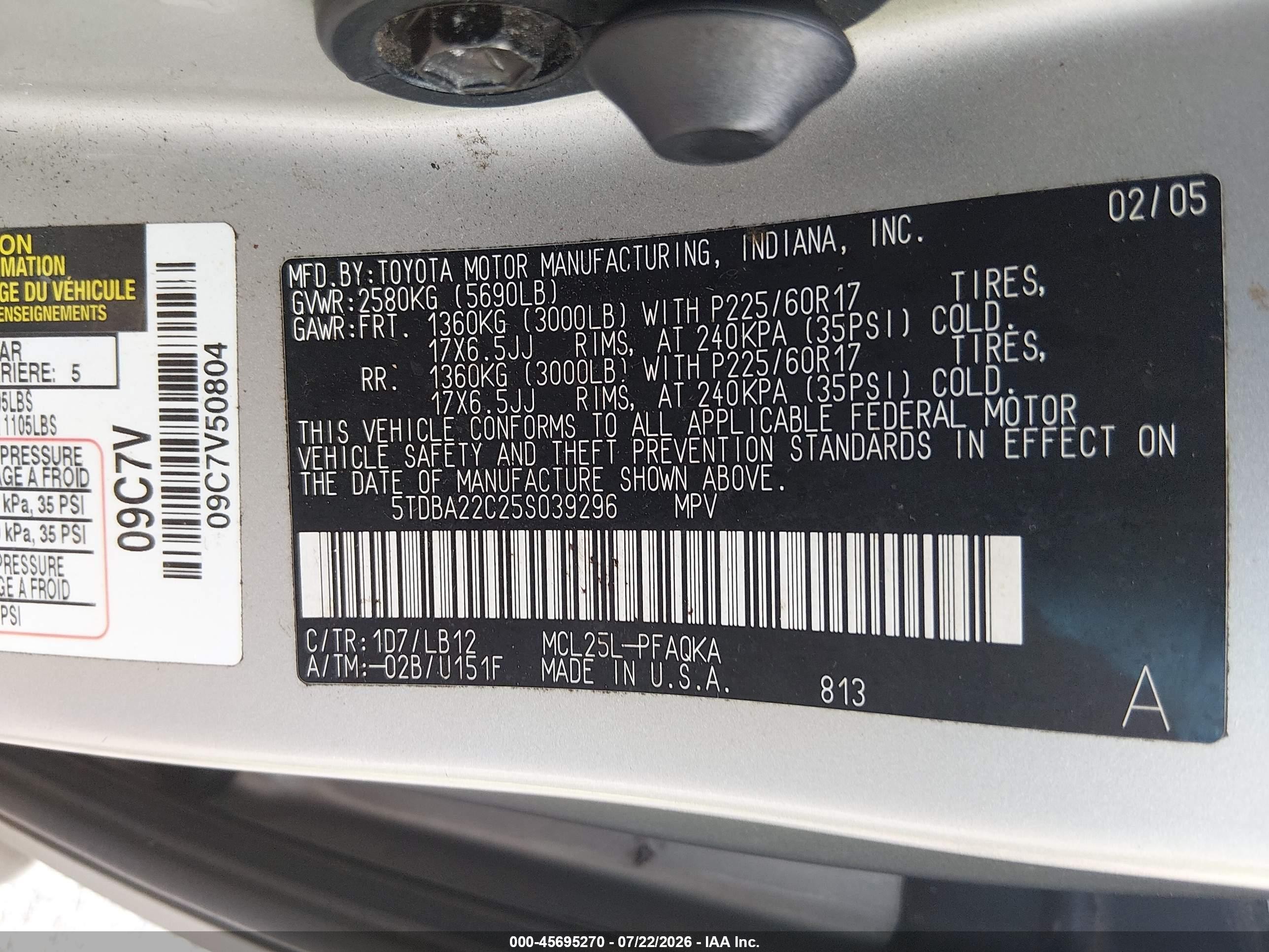 2005 Toyota Sienna Xle Limited Champagne vin: 5TDBA22C25S039296