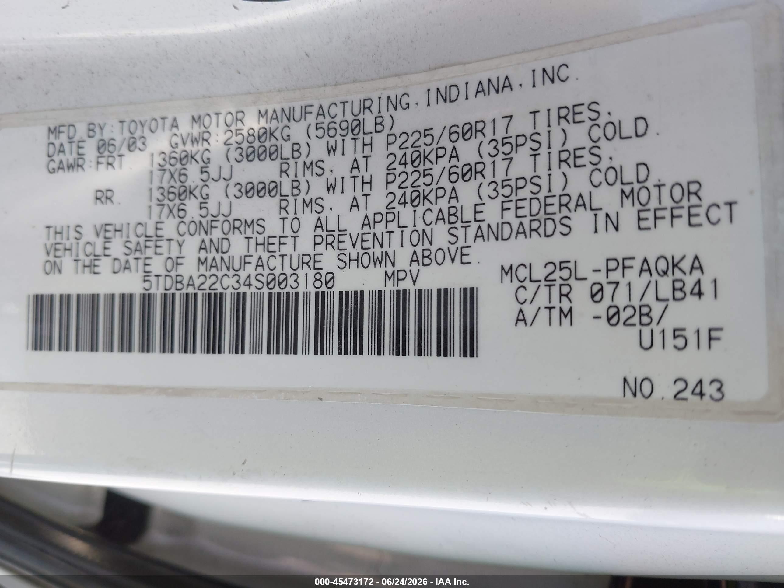 2004 Toyota Sienna Xle Limited White vin: 5TDBA22C34S003180