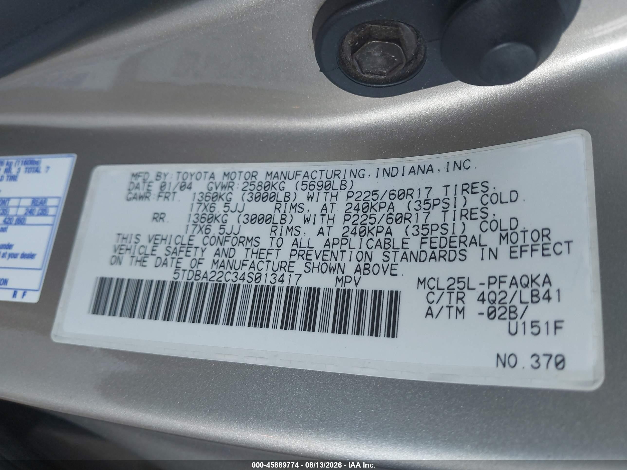 2004 Toyota Sienna Xle Gold vin: 5TDBA22C34S013417