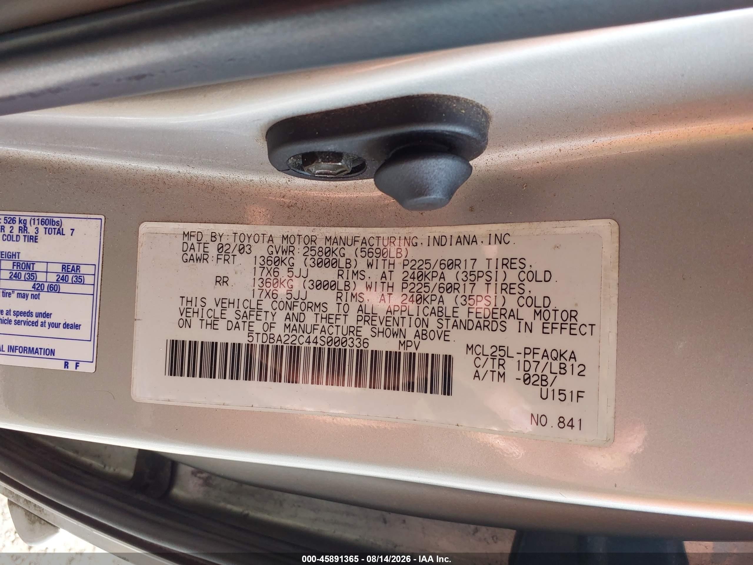 2004 Toyota Sienna Xle Limited Gold vin: 5TDBA22C44S000336