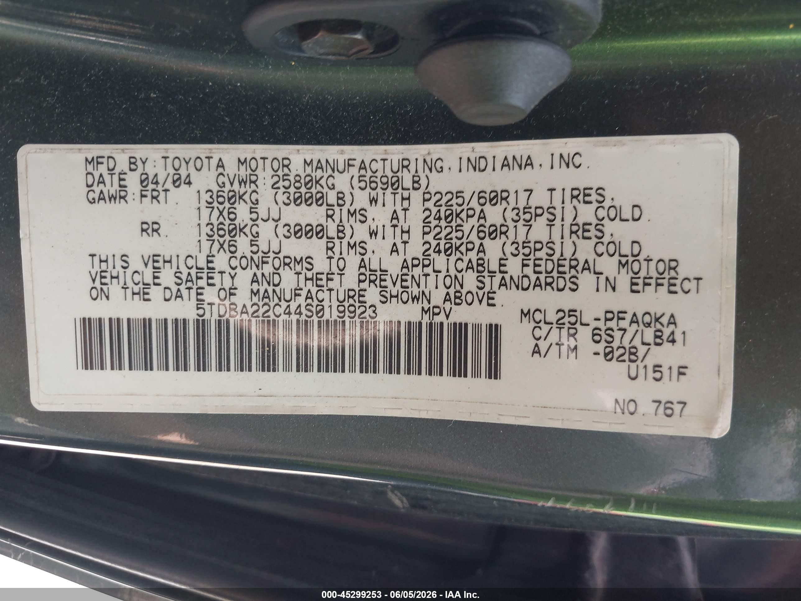 2004 Toyota Sienna Xle Limited Green vin: 5TDBA22C44S019923