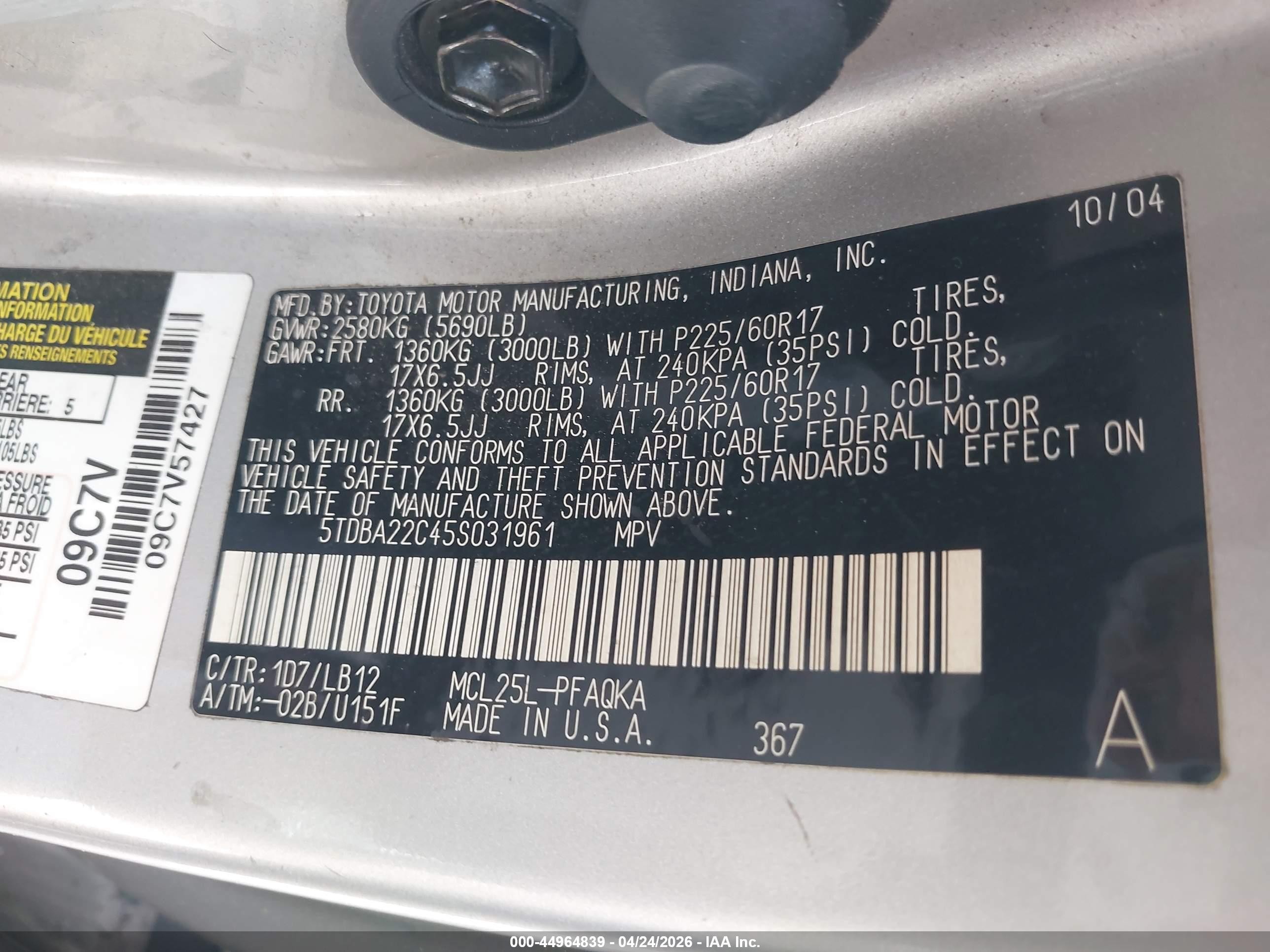 2005 Toyota Sienna Xle Limited Silver vin: 5TDBA22C45S031961