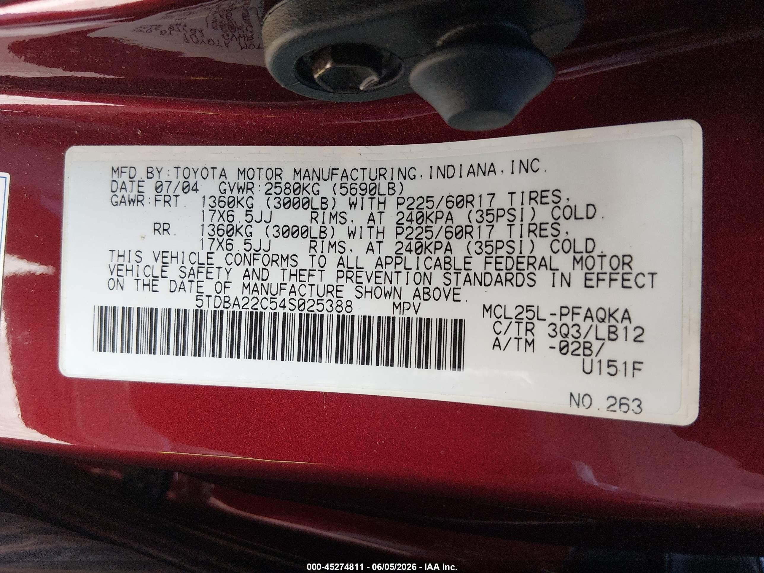 2004 Toyota Sienna Xle Limited Red vin: 5TDBA22C54S025388