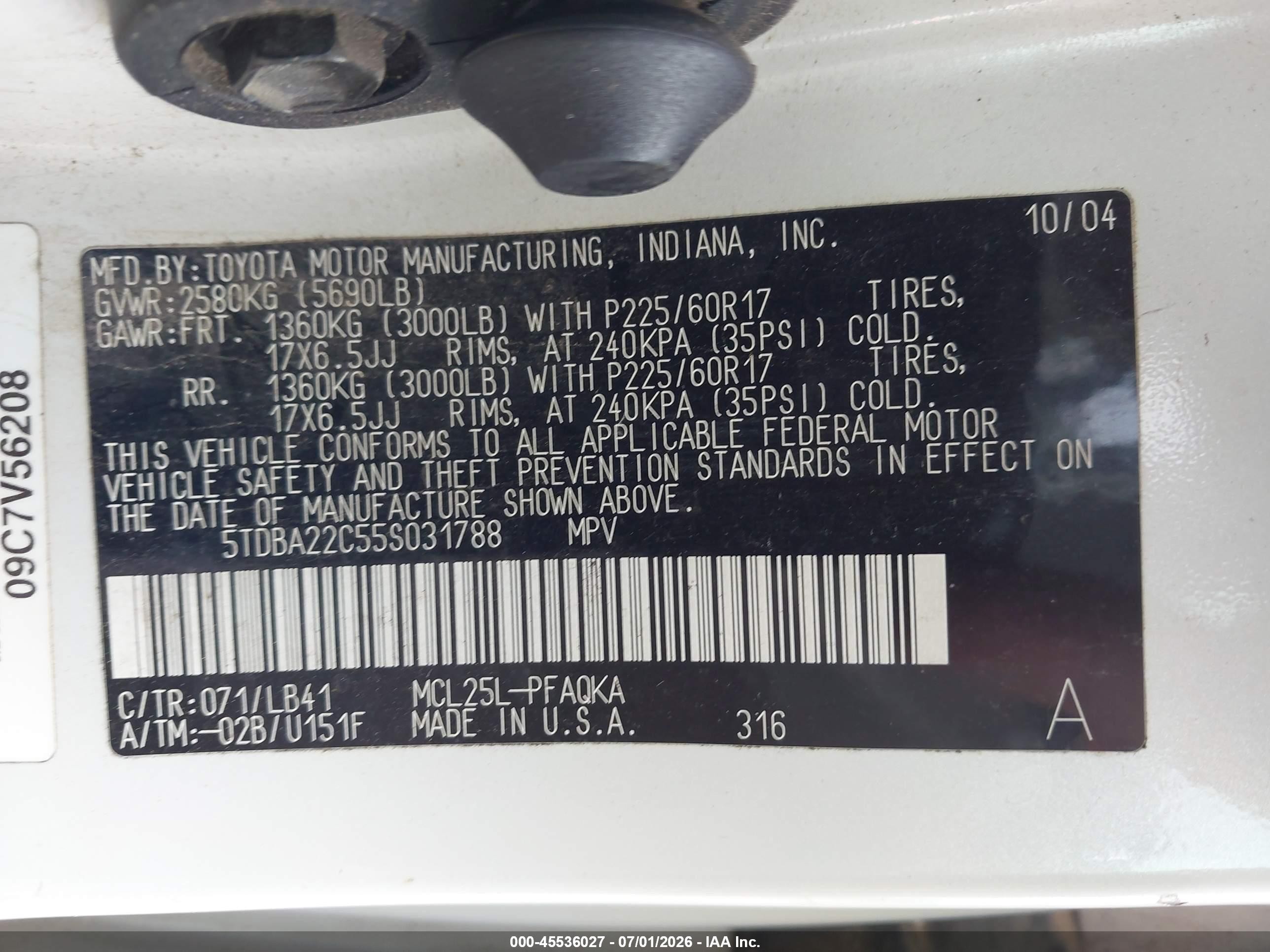 2005 Toyota Sienna Xle Limited White vin: 5TDBA22C55S031788