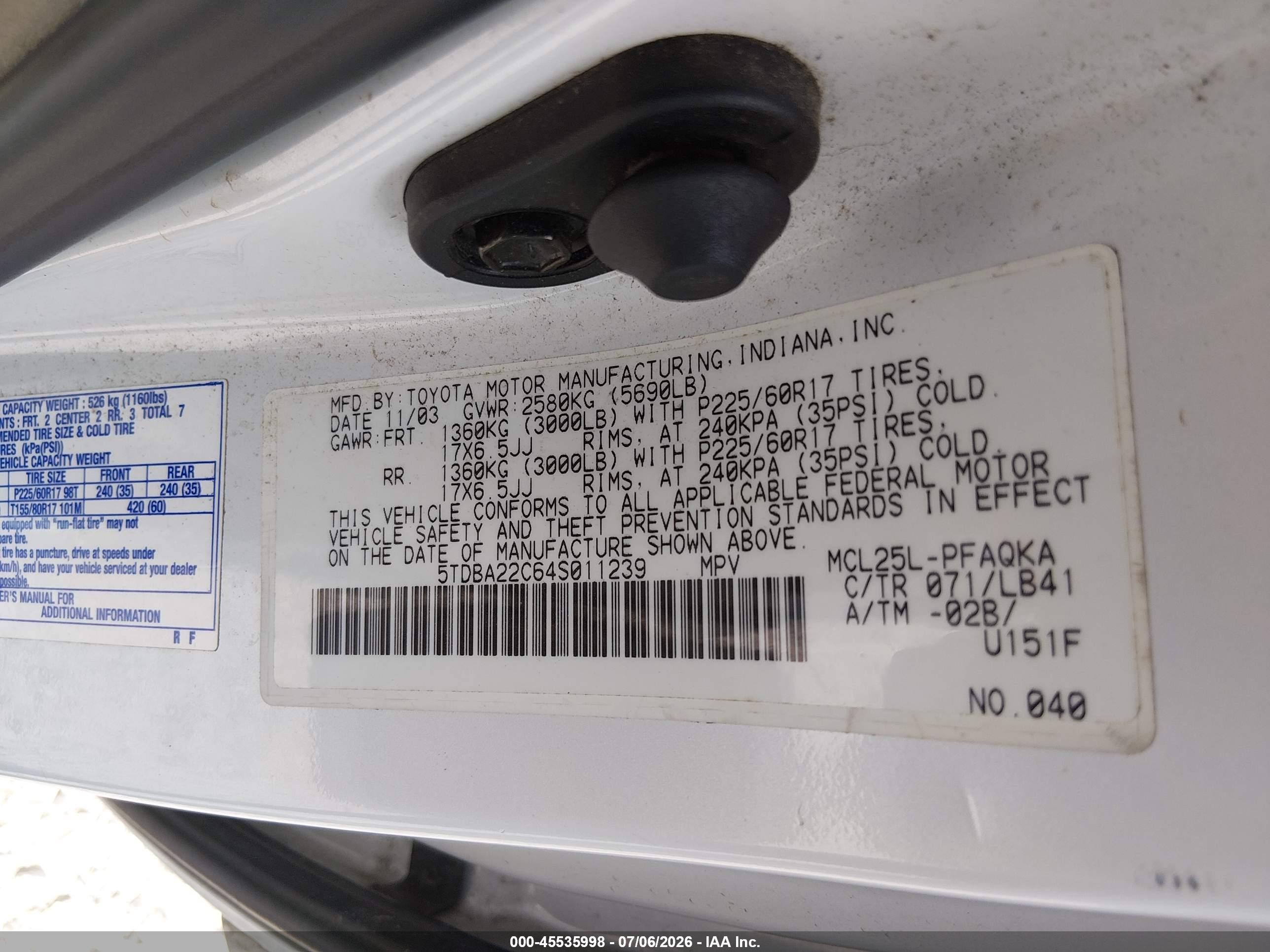 2004 Toyota Sienna Xle Limited White vin: 5TDBA22C64S011239