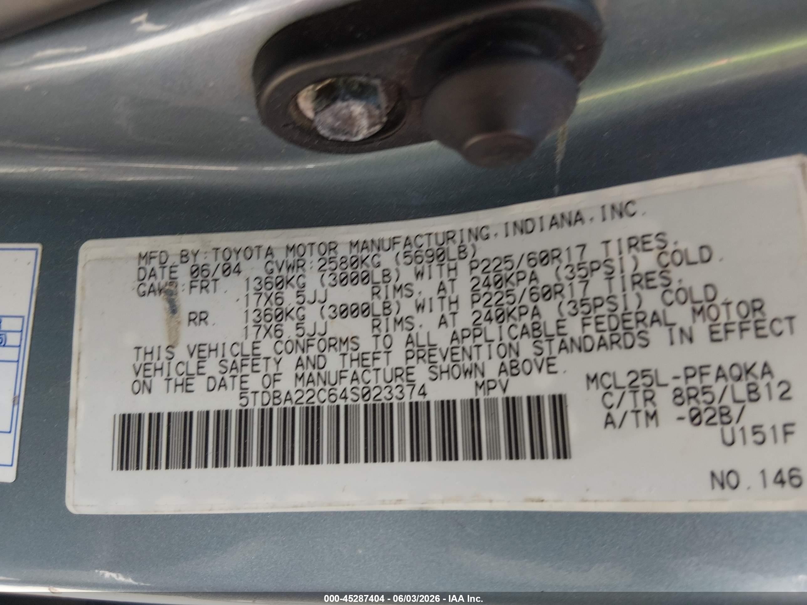 2004 Toyota Sienna Xle Limited Blue vin: 5TDBA22C64S023374