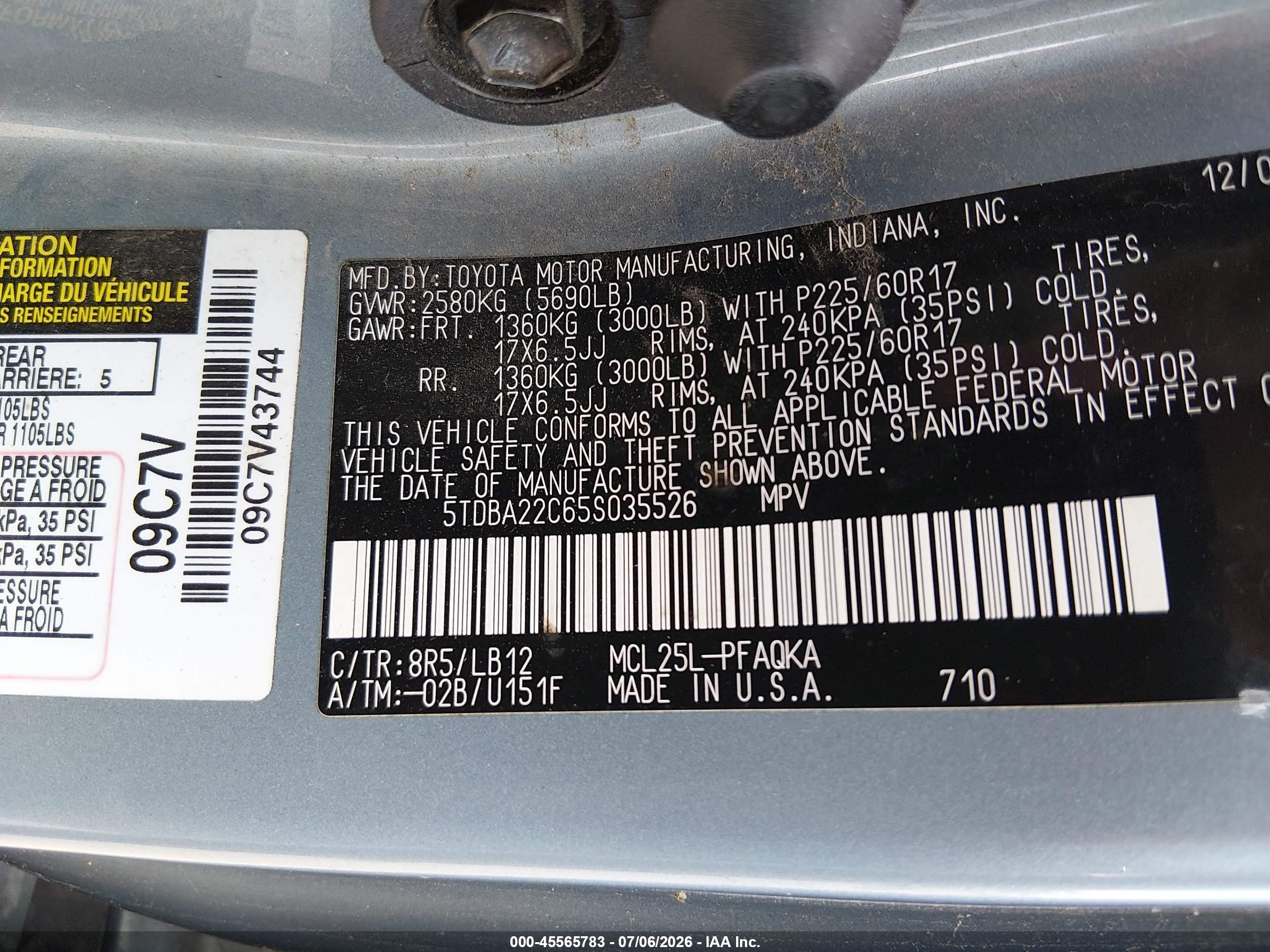 2005 Toyota Sienna Xle Blue vin: 5TDBA22C65S035526