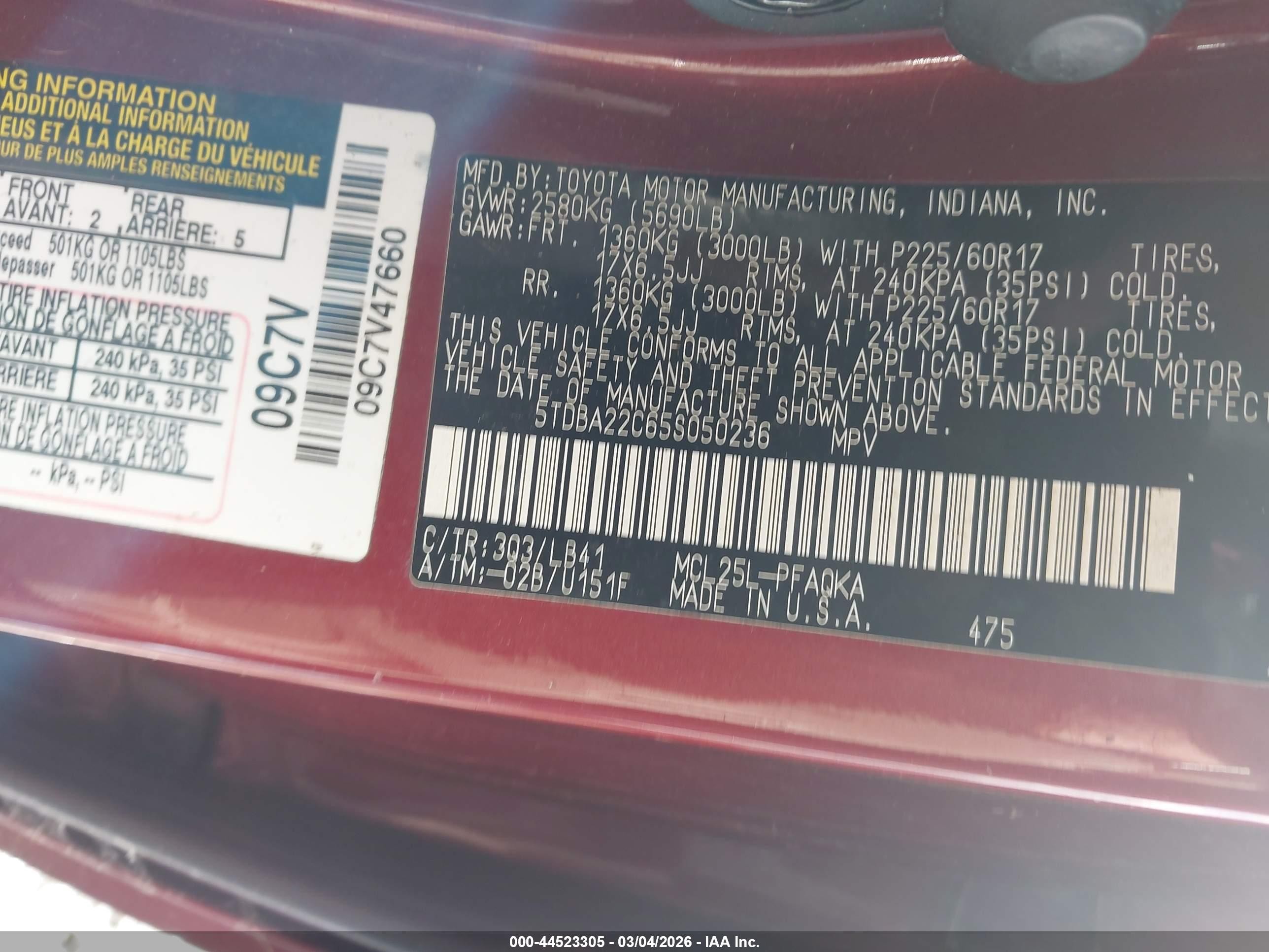 2005 Toyota Sienna Xle Limited Red vin: 5TDBA22C65S050236