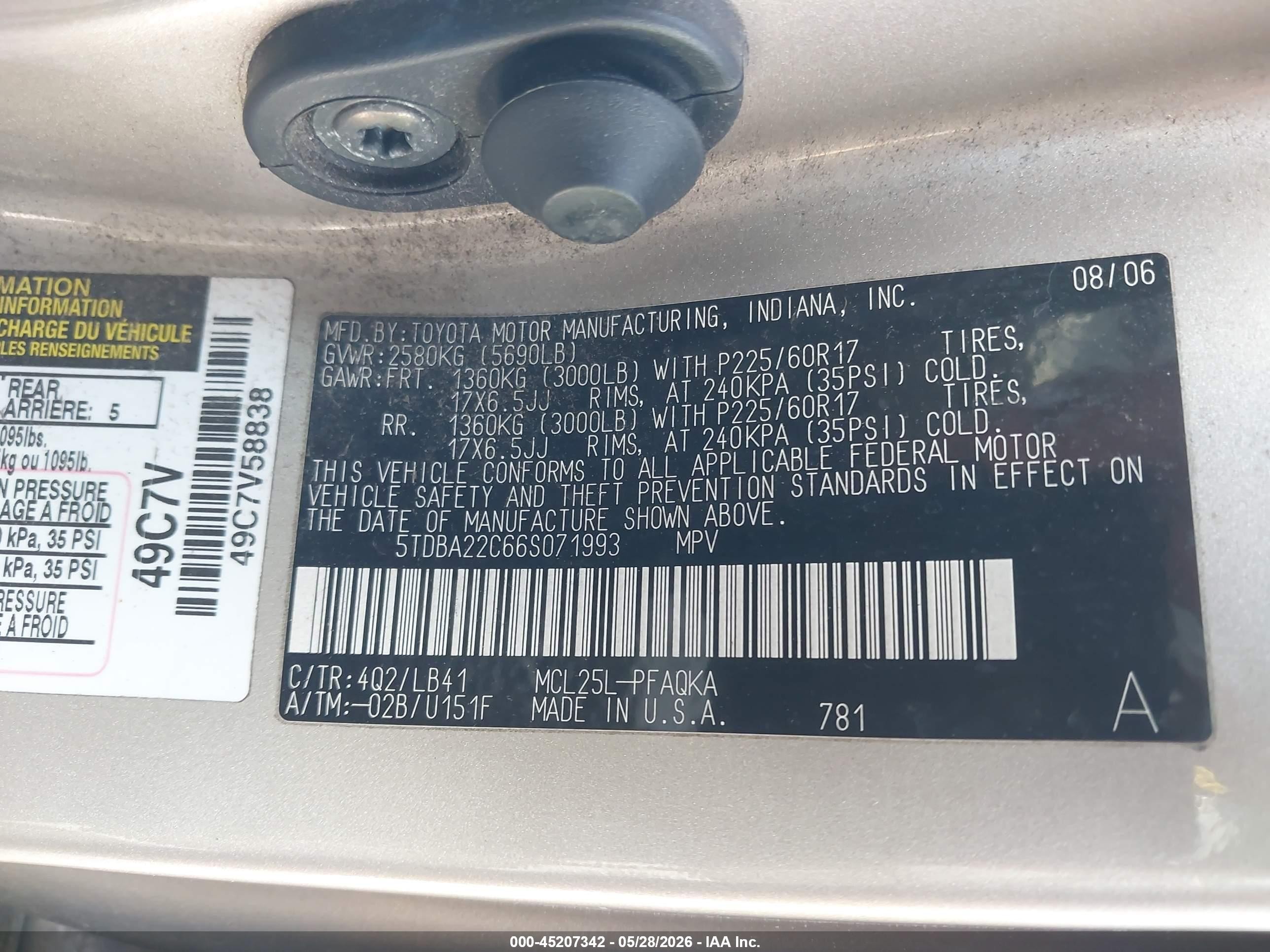 2006 Toyota Sienna Xle Золотой vin: 5TDBA22C66S071993