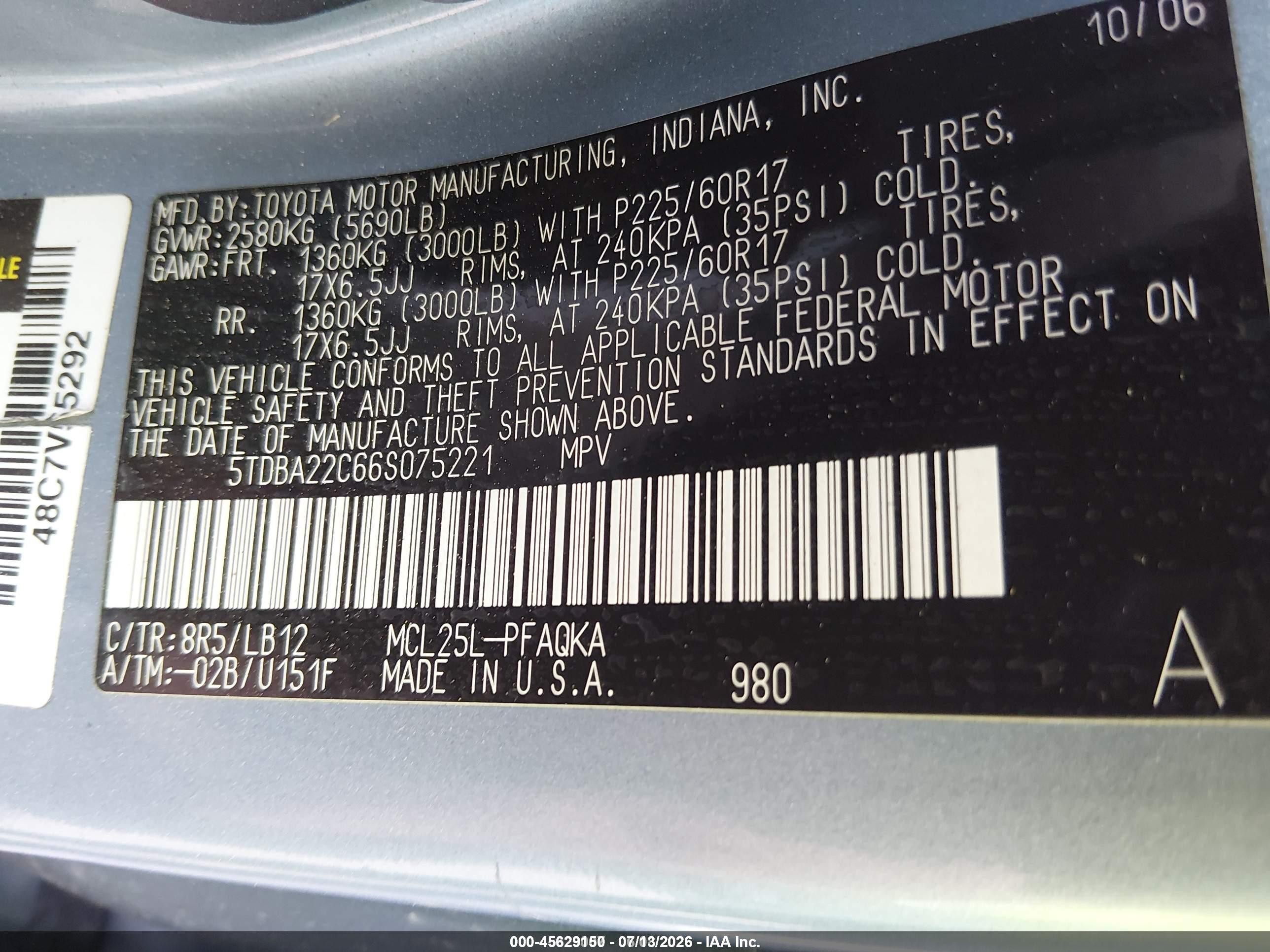 2006 Toyota Sienna Xle Limited Синий vin: 5TDBA22C66S075221
