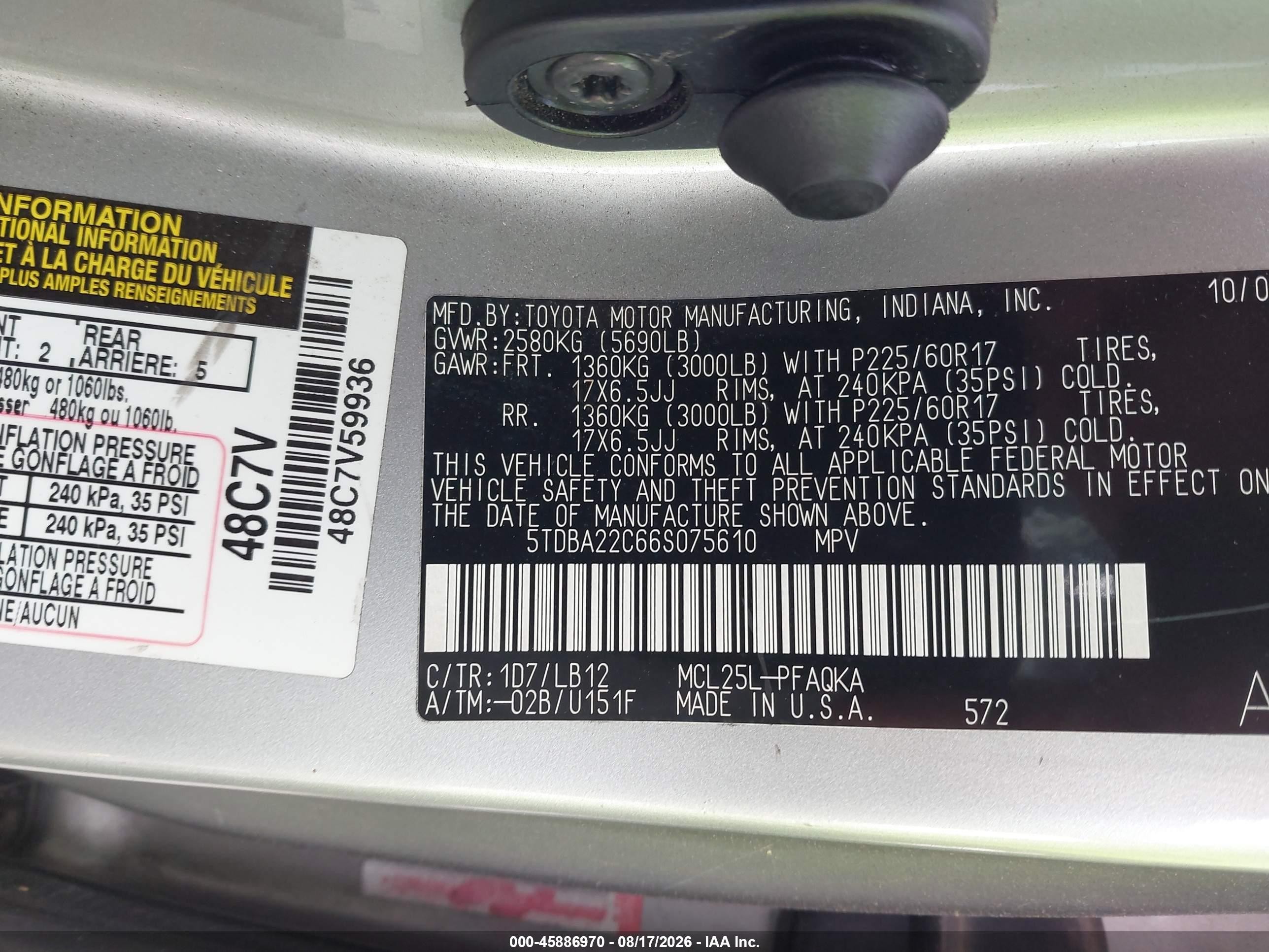 2006 Toyota Sienna Xle/xle Limited Silver vin: 5TDBA22C66S075610
