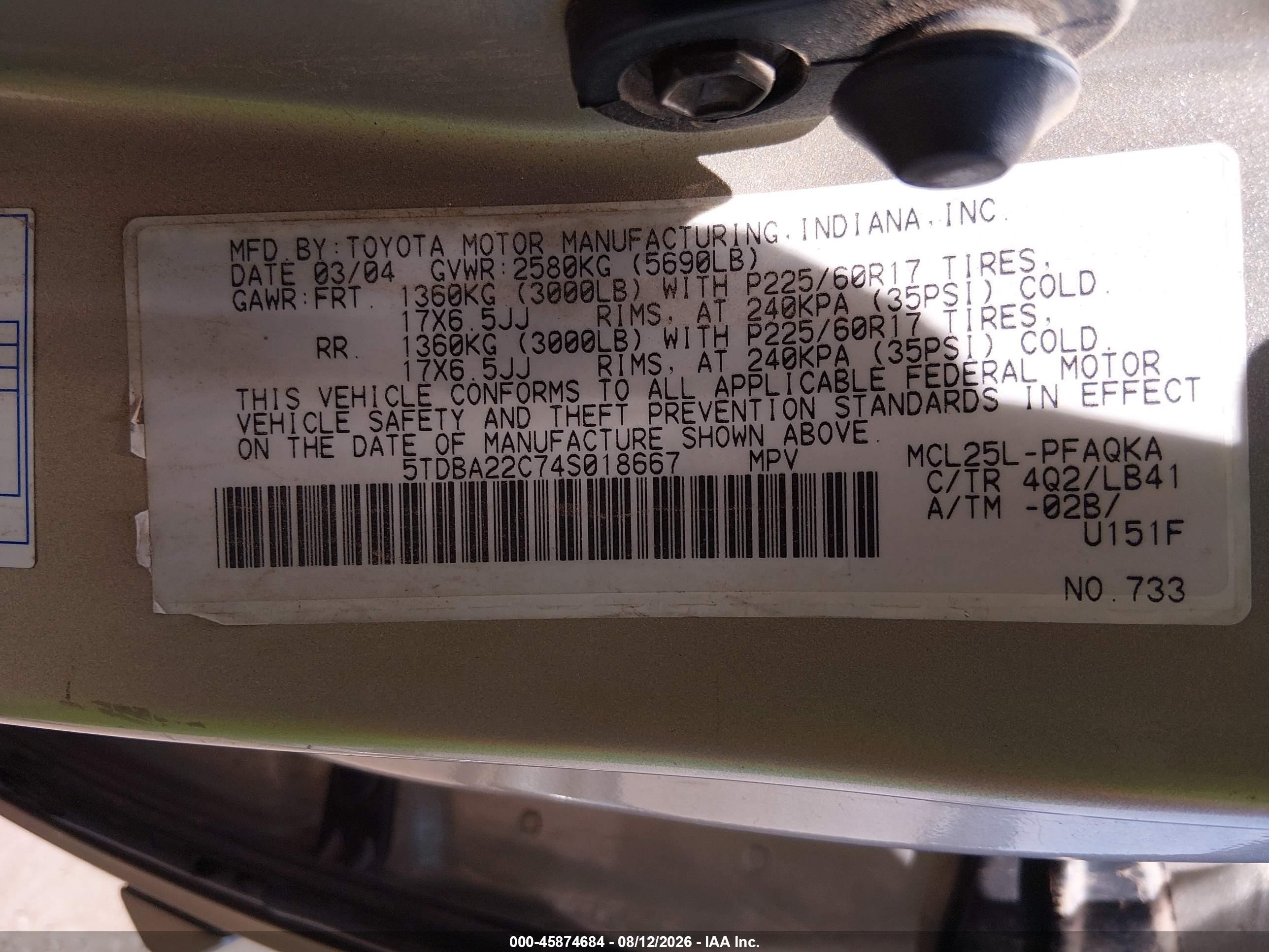 2004 Toyota Sienna Xle Limited Gold vin: 5TDBA22C74S018667
