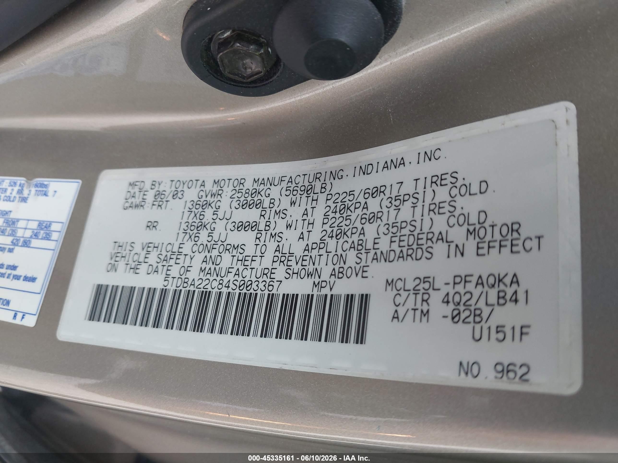 2004 Toyota Sienna Xle Limited Tan vin: 5TDBA22C84S003367