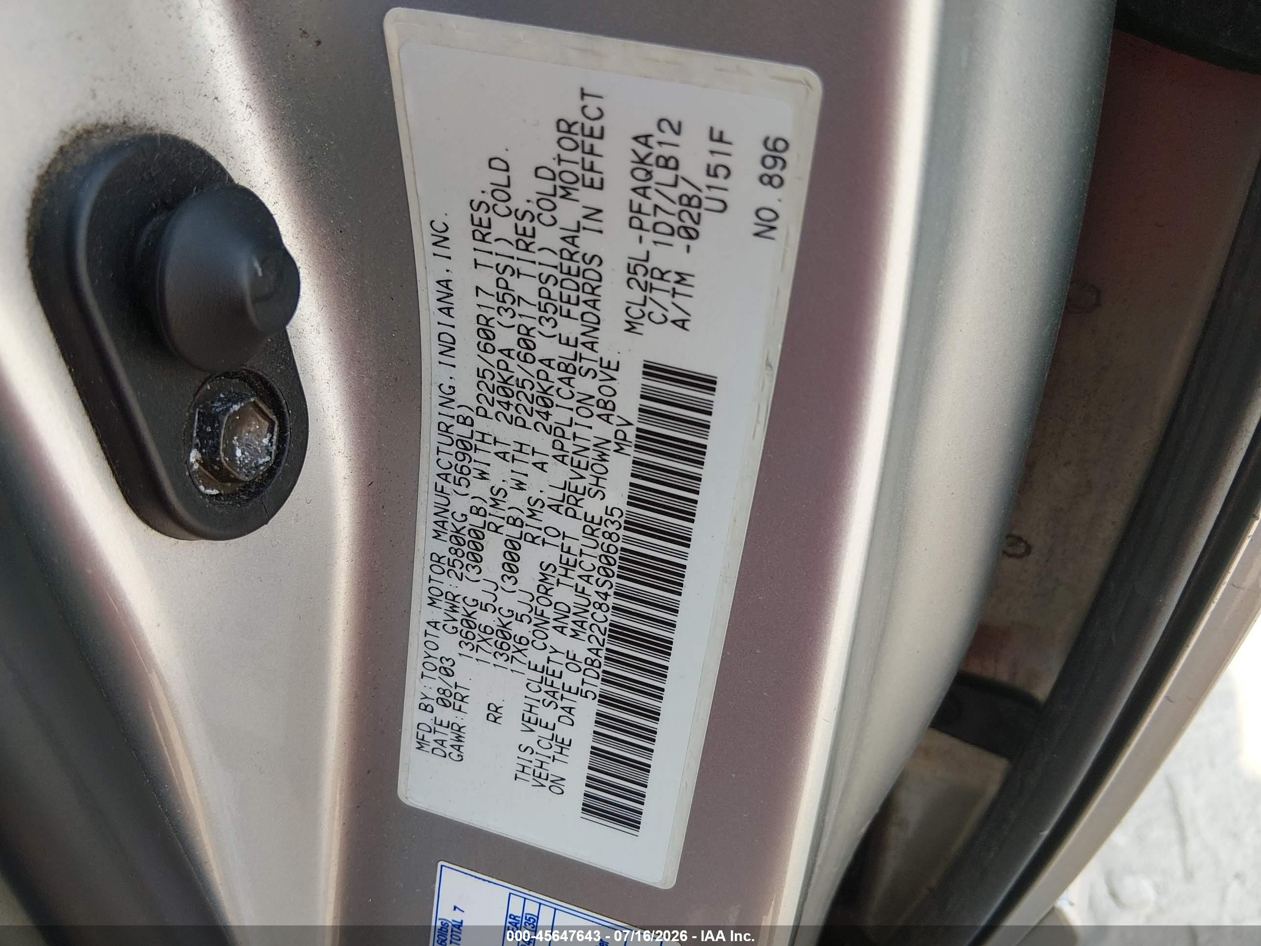 2004 Toyota Sienna Xle Silver vin: 5TDBA22C84S006835