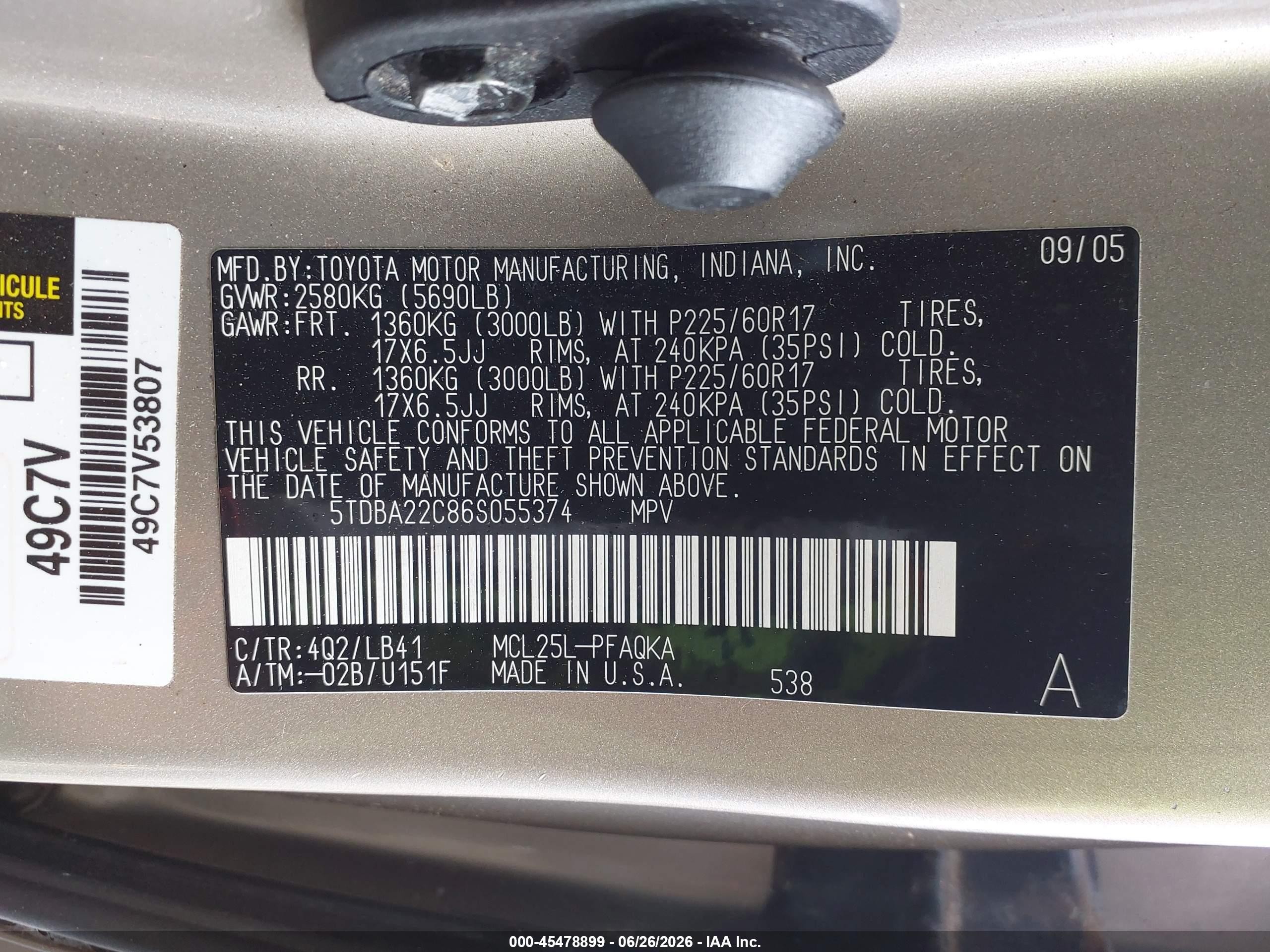 2006 Toyota Sienna Xle Champagne vin: 5TDBA22C86S055374