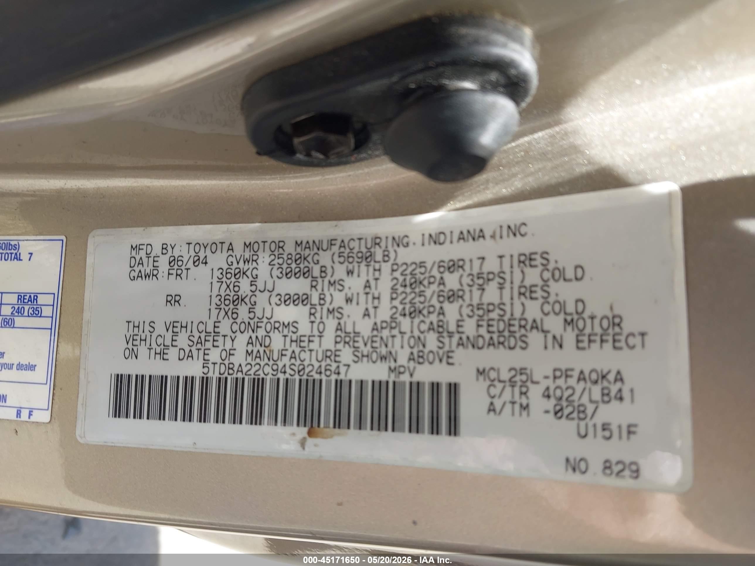 2004 Toyota Sienna Xle Limited Champagne vin: 5TDBA22C94S024647