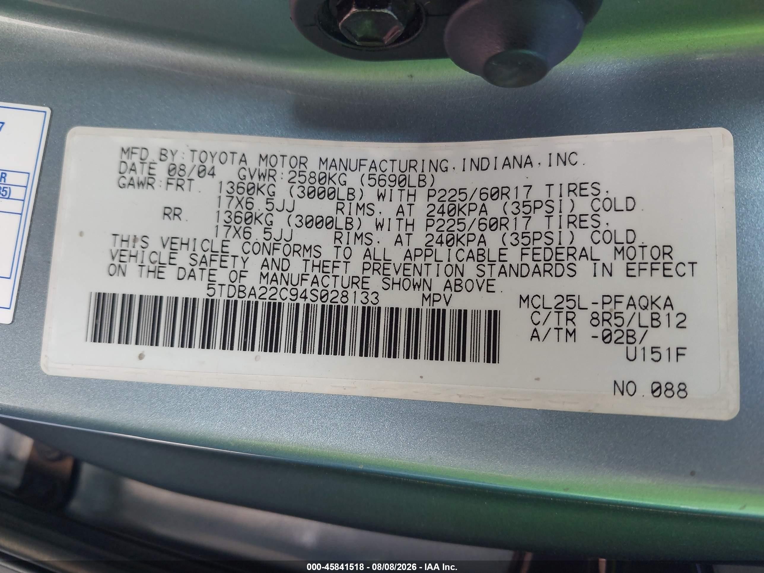 2004 Toyota Sienna Xle Limited Light Blue vin: 5TDBA22C94S028133