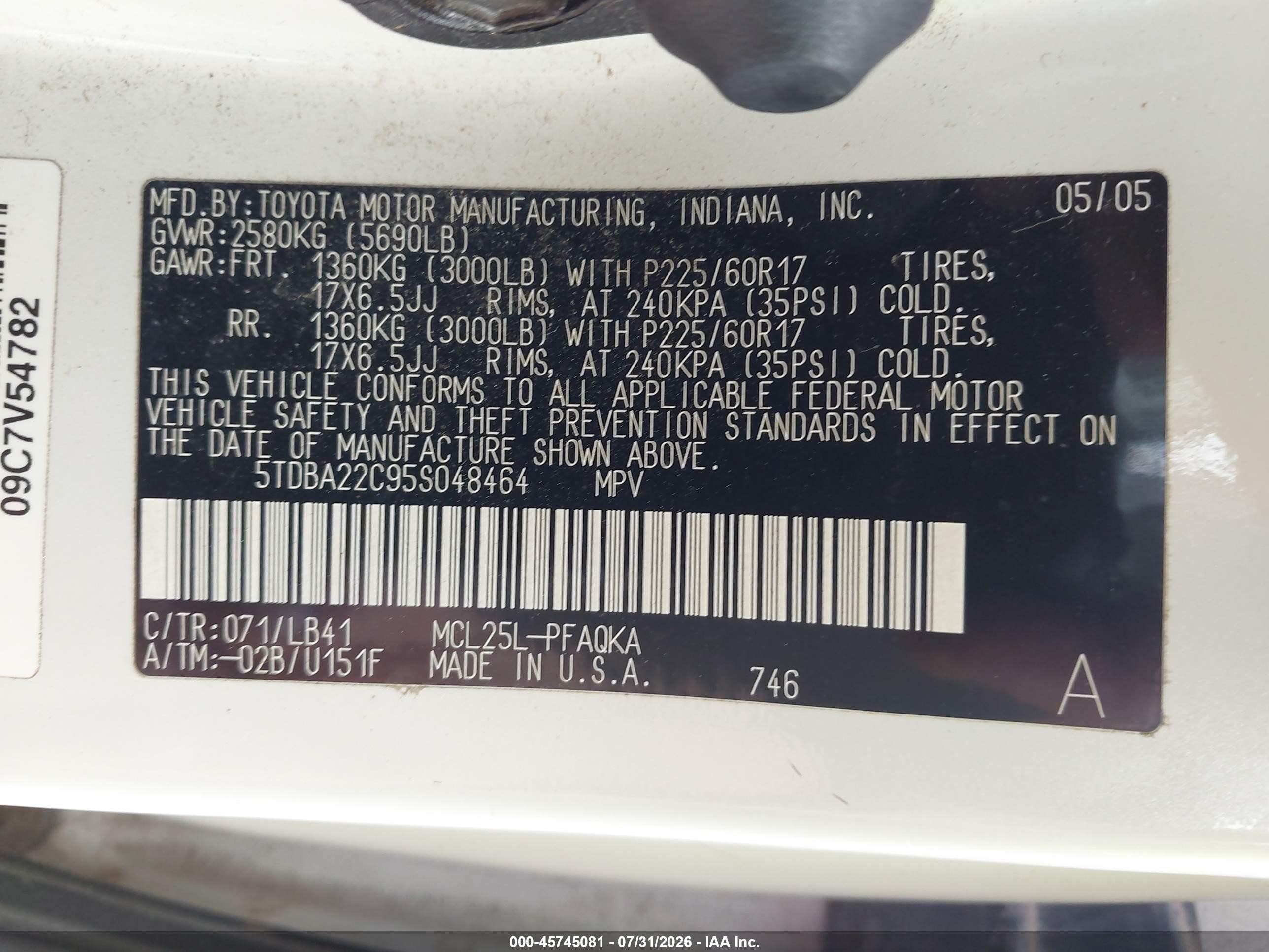 2005 Toyota Sienna Xle Limited White vin: 5TDBA22C95S048464