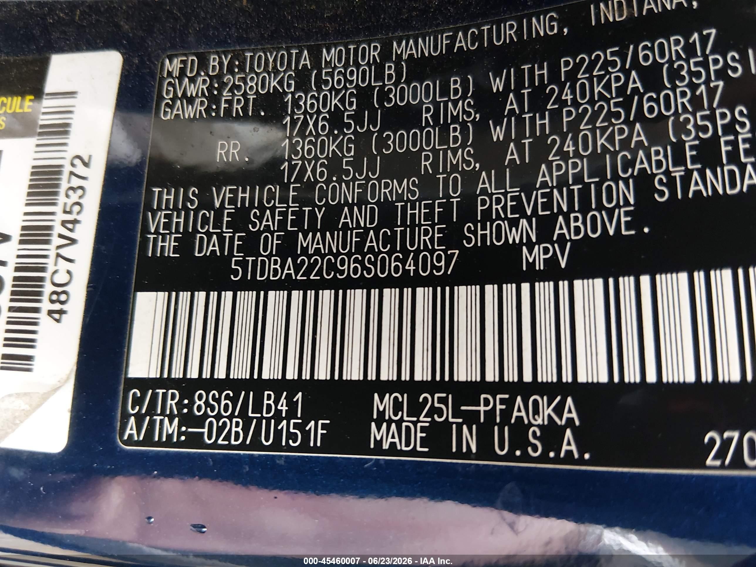 2006 Toyota Sienna Xle Limited Blue vin: 5TDBA22C96S064097