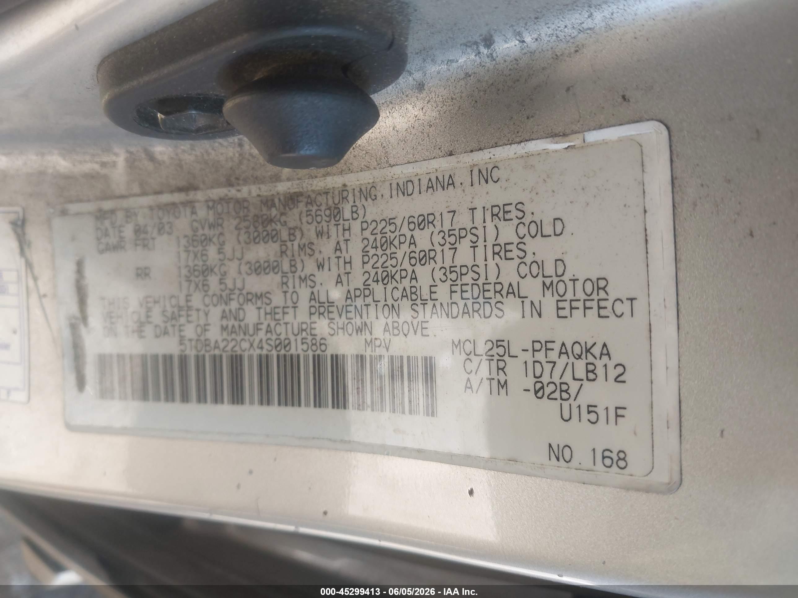 2004 Toyota Sienna Xle Gray vin: 5TDBA22CX4S001586
