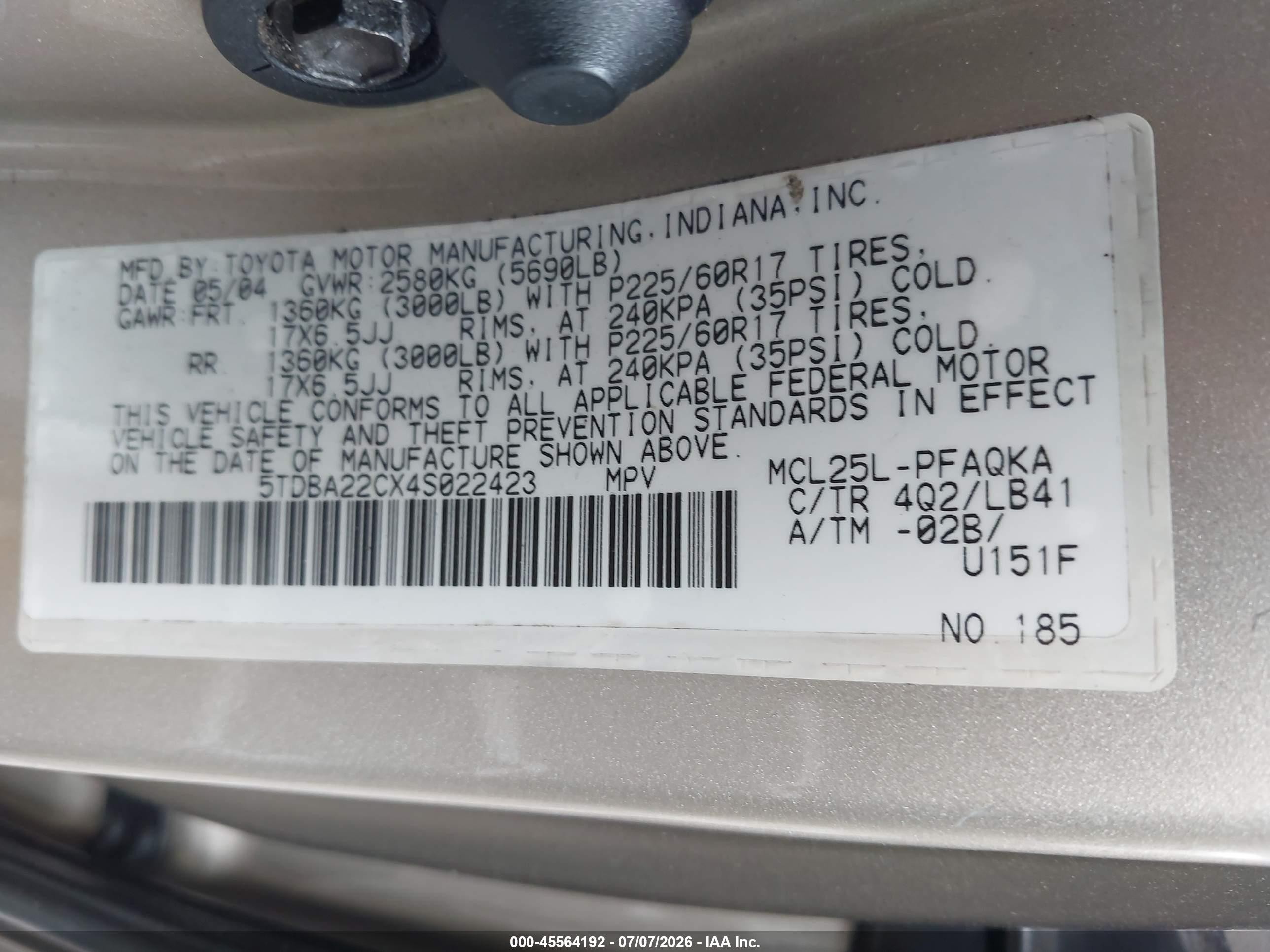 2004 Toyota Sienna Xle Tan vin: 5TDBA22CX4S022423