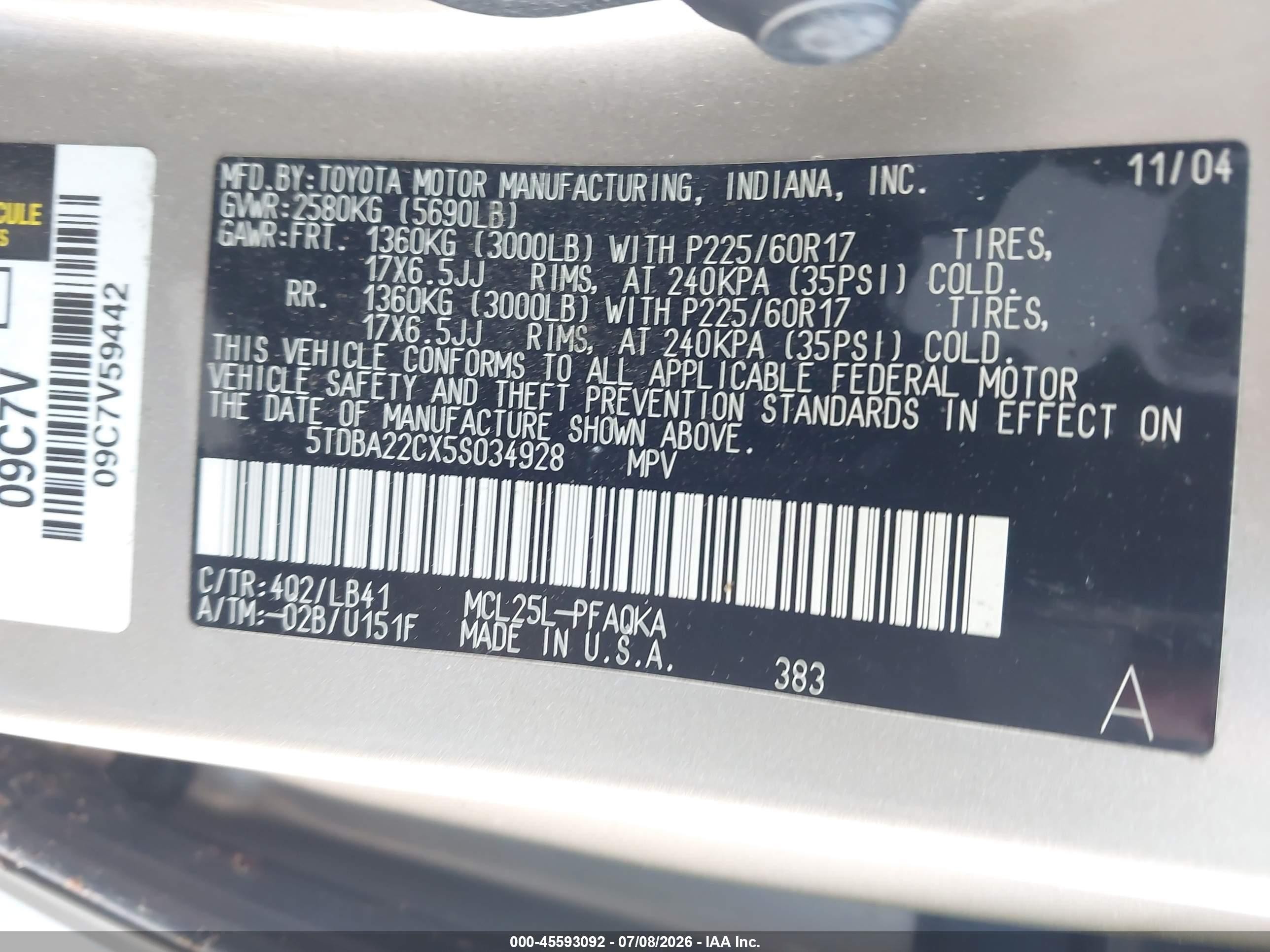 2005 Toyota Sienna Xle Limited Beige vin: 5TDBA22CX5S034928