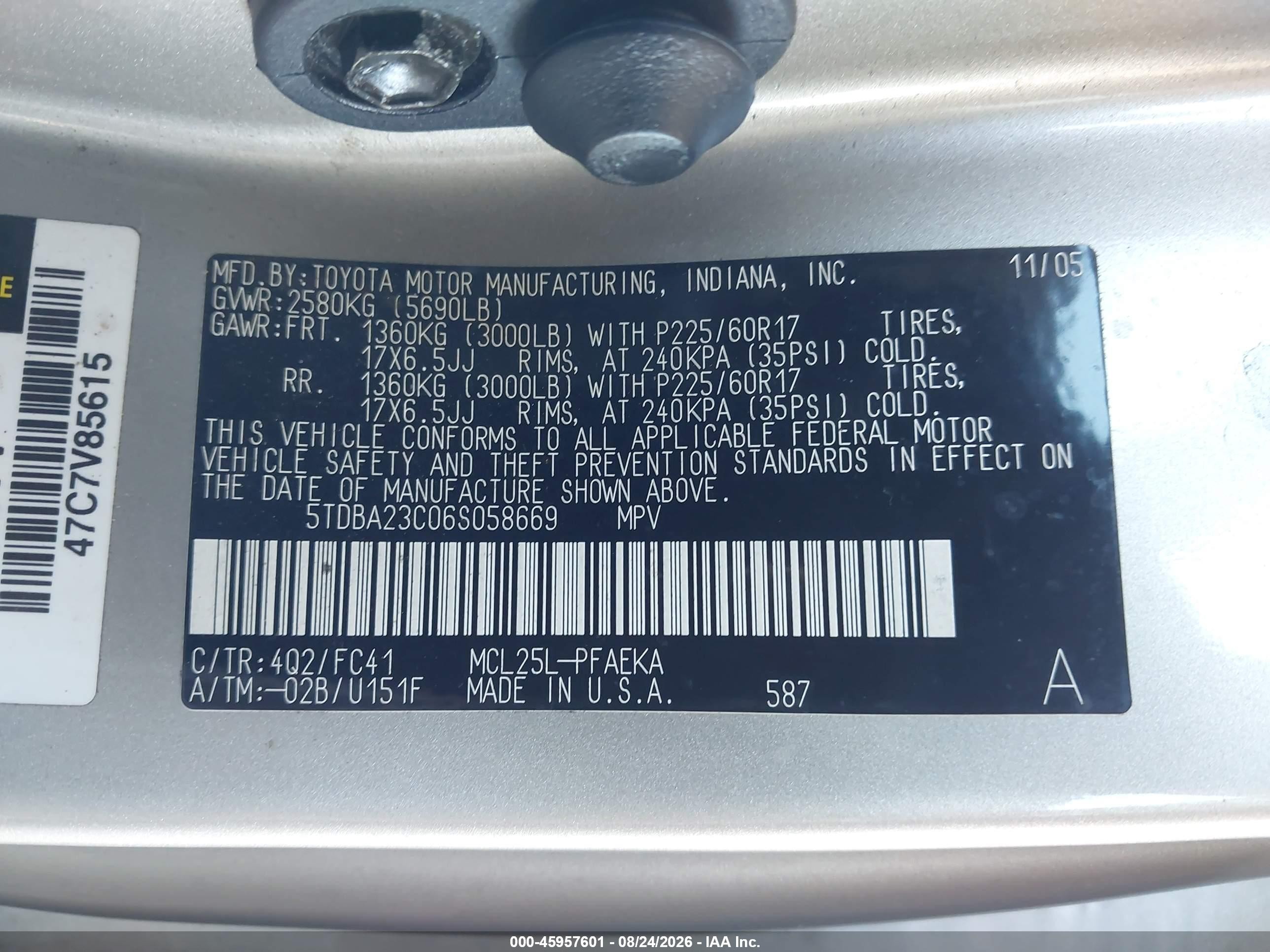 2006 Toyota Sienna Le Gold vin: 5TDBA23C06S058669
