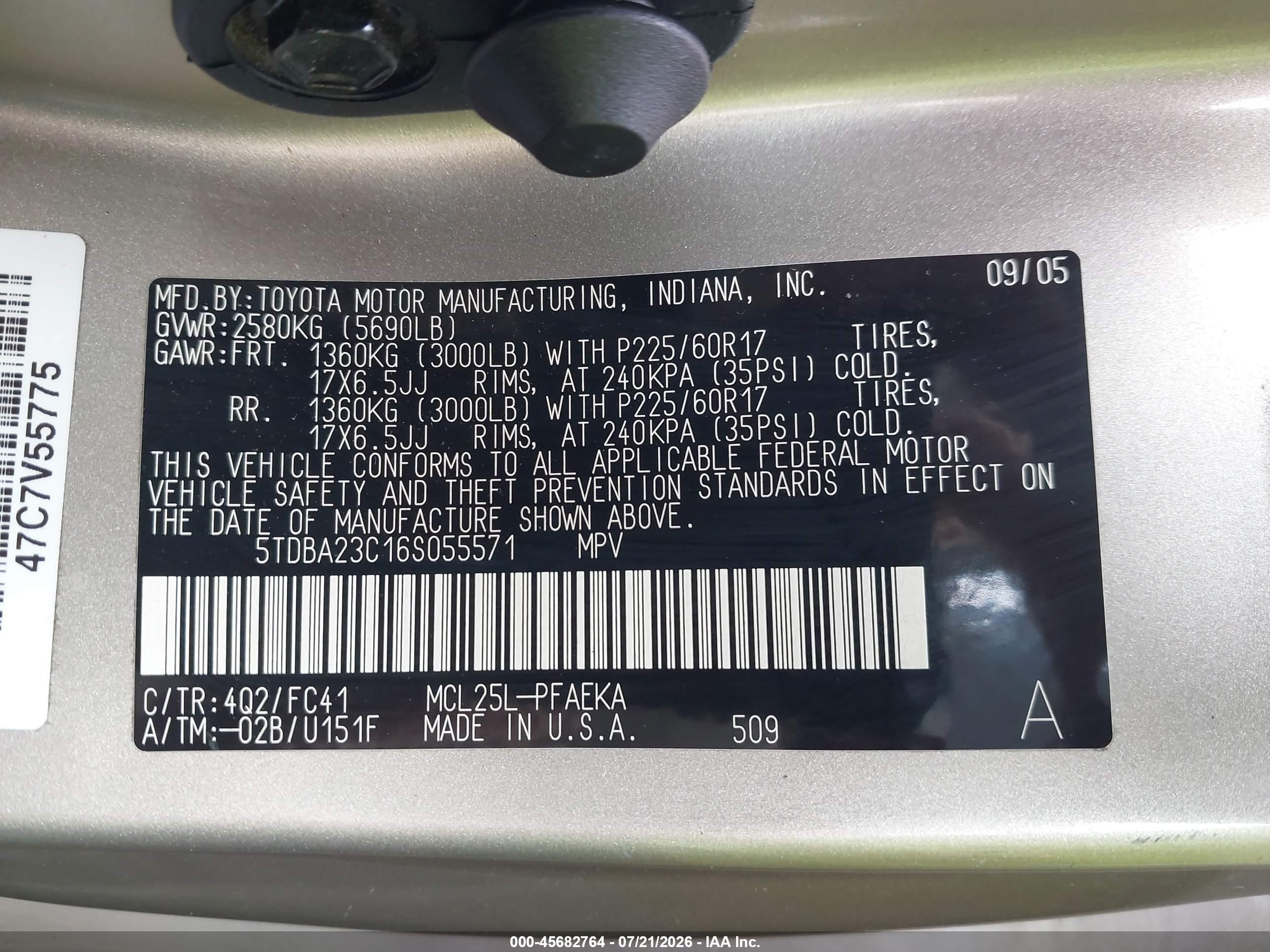 2006 Toyota Sienna Le Gold vin: 5TDBA23C16S055571