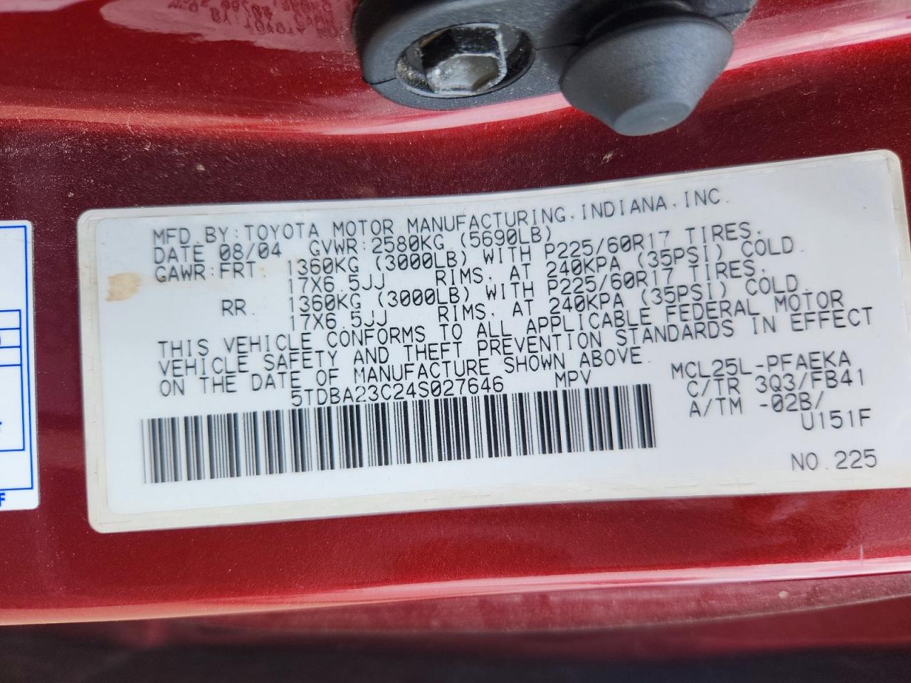 2004 Toyota Sienna Le Red vin: 5TDBA23C24S027646